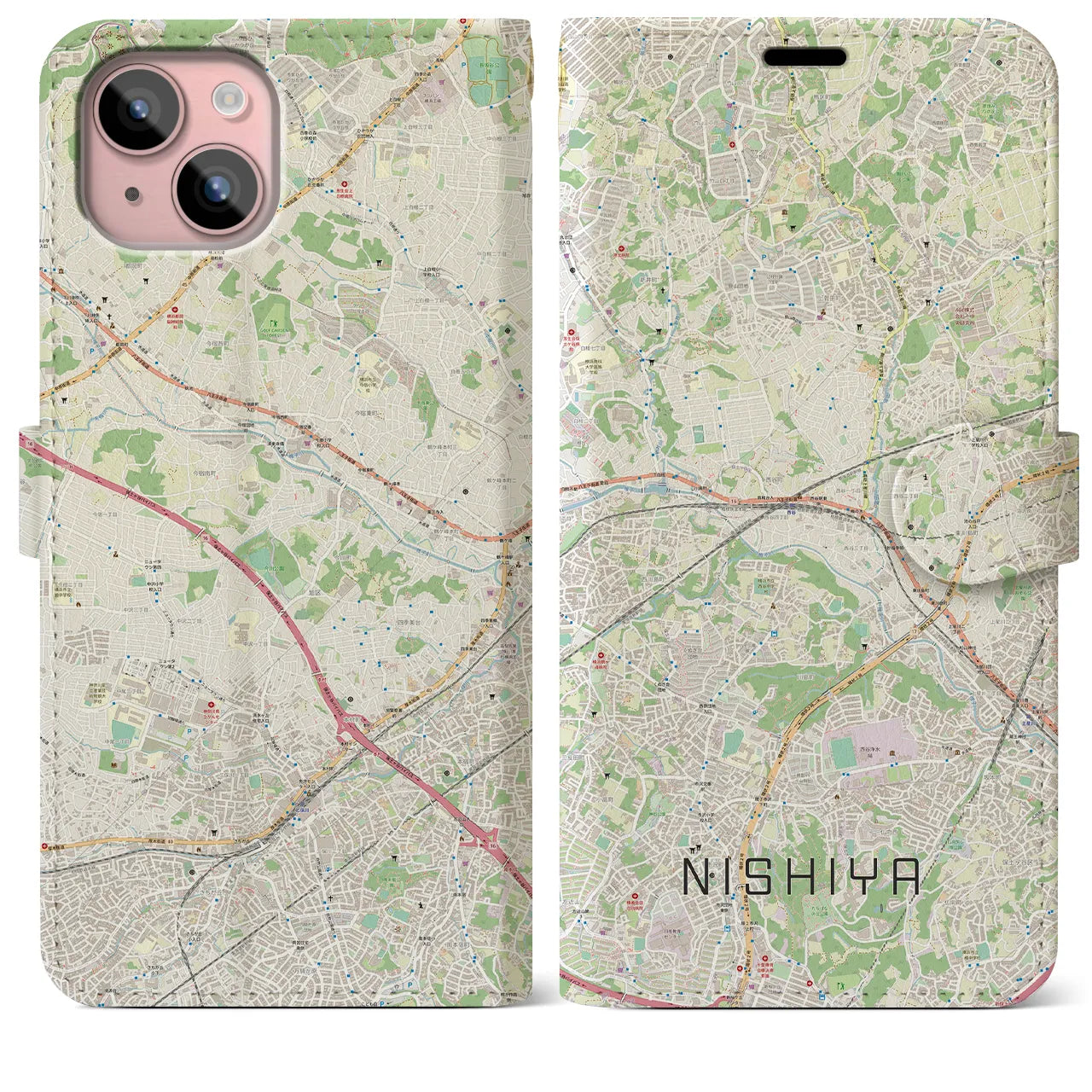 【西谷(神奈川県)】地図柄iPhoneケース(手帳タイプ)ナチュラル・iPhone 15 Plus 用