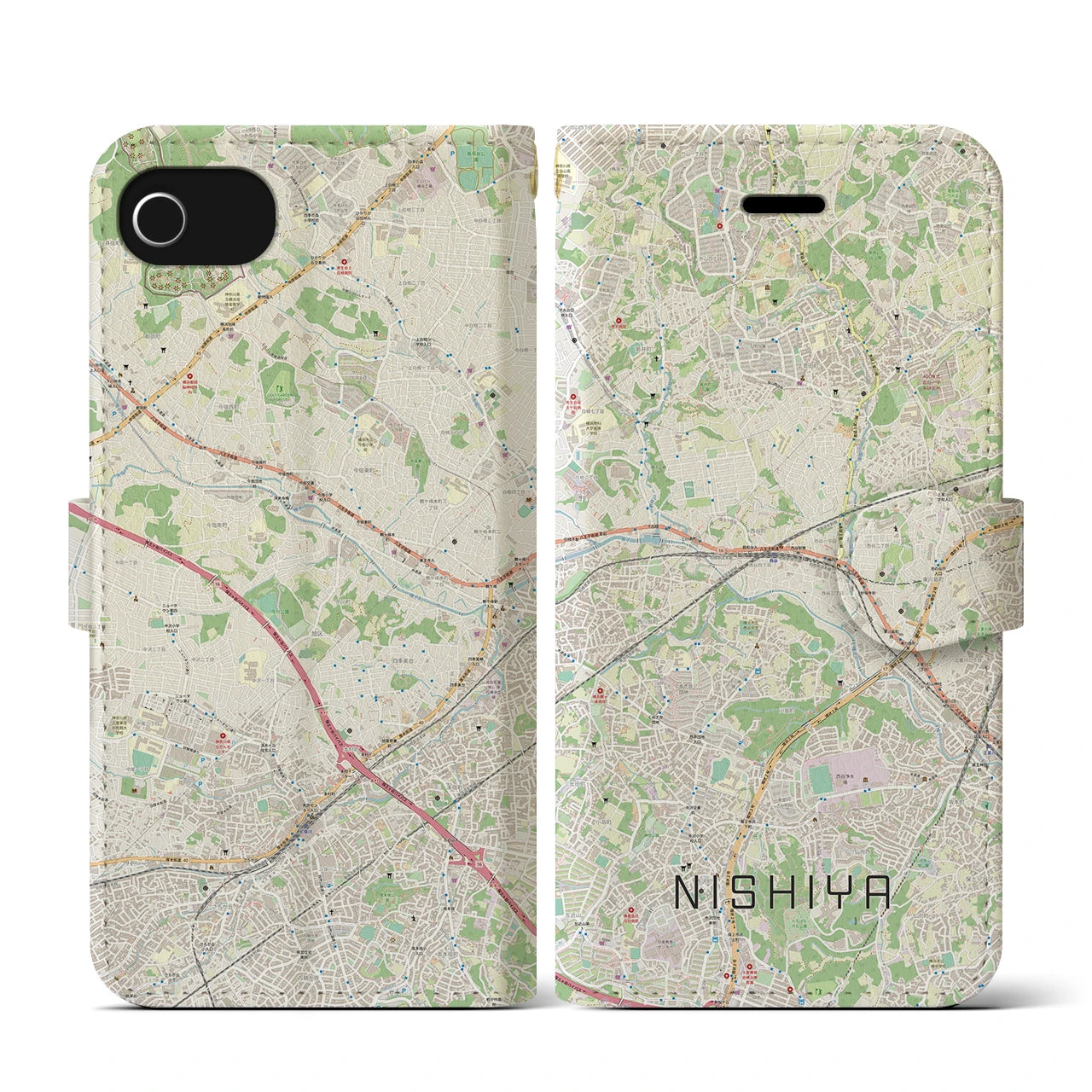 【西谷(神奈川県)】地図柄iPhoneケース(手帳タイプ)ナチュラル・iPhone SE(第3 / 第2世代) / 8 / 7 / 6s / 6 用