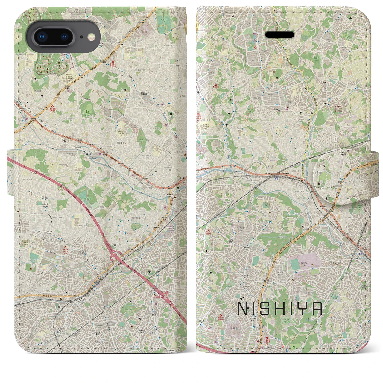 【西谷(神奈川県)】地図柄iPhoneケース(手帳タイプ)ナチュラル・iPhone 8Plus /7Plus / 6sPlus / 6Plus 用