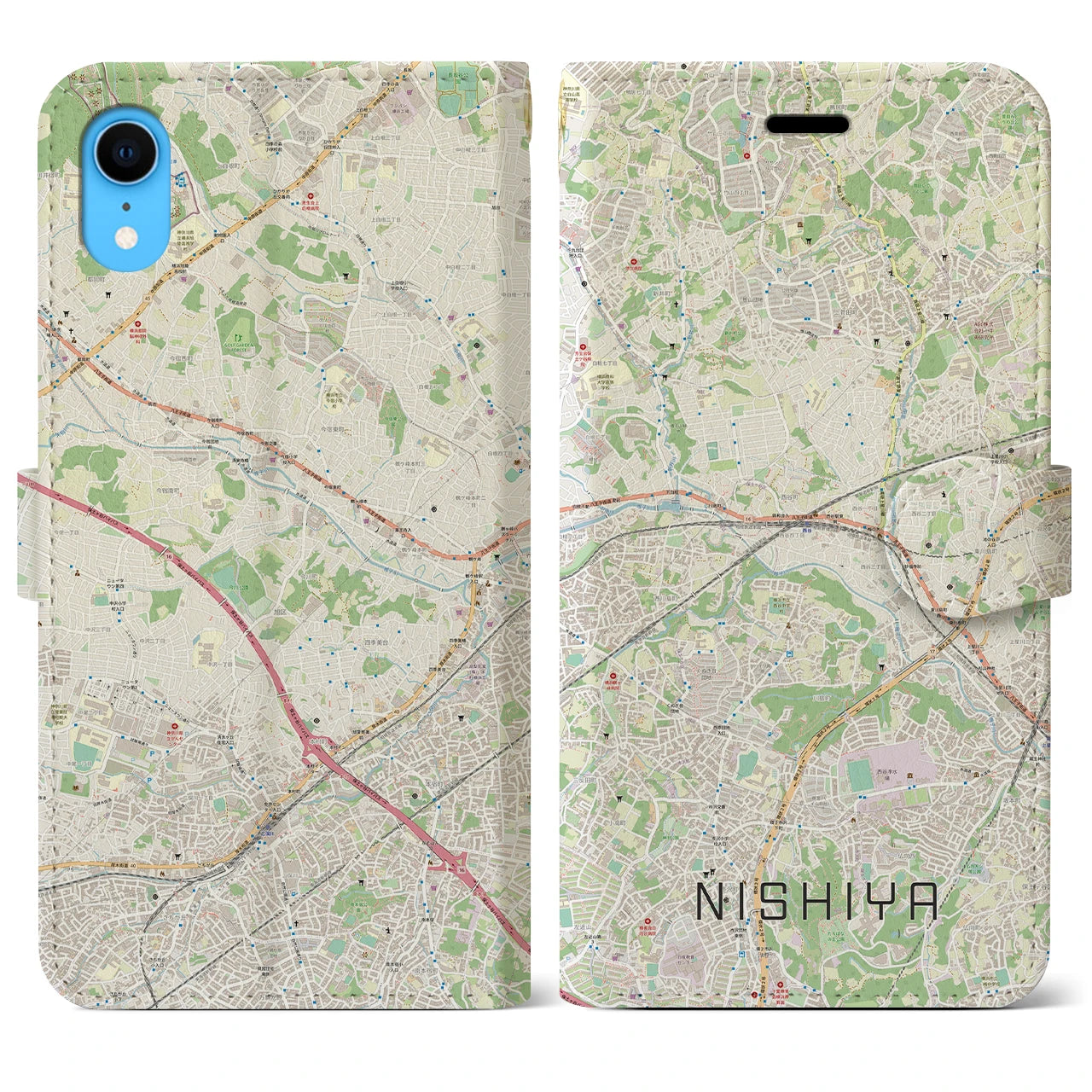 【西谷(神奈川県)】地図柄iPhoneケース(手帳タイプ)ナチュラル・iPhone XR 用