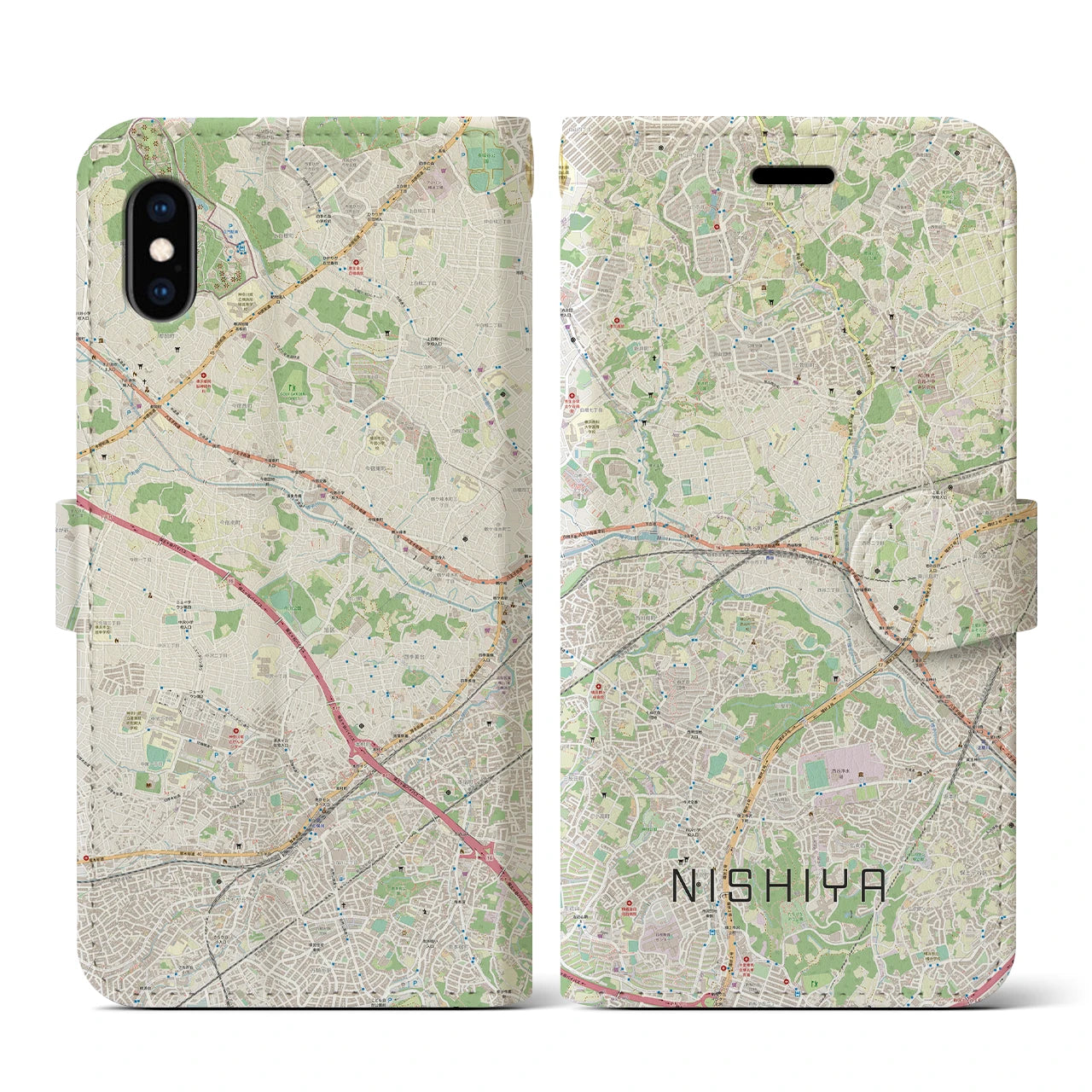 【西谷(神奈川県)】地図柄iPhoneケース(手帳タイプ)ナチュラル・iPhone XS / X 用