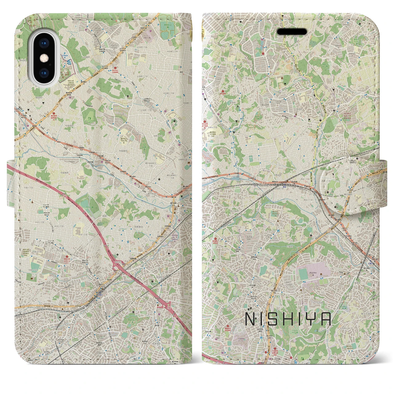 【西谷(神奈川県)】地図柄iPhoneケース(手帳タイプ)ナチュラル・iPhone XS Max 用