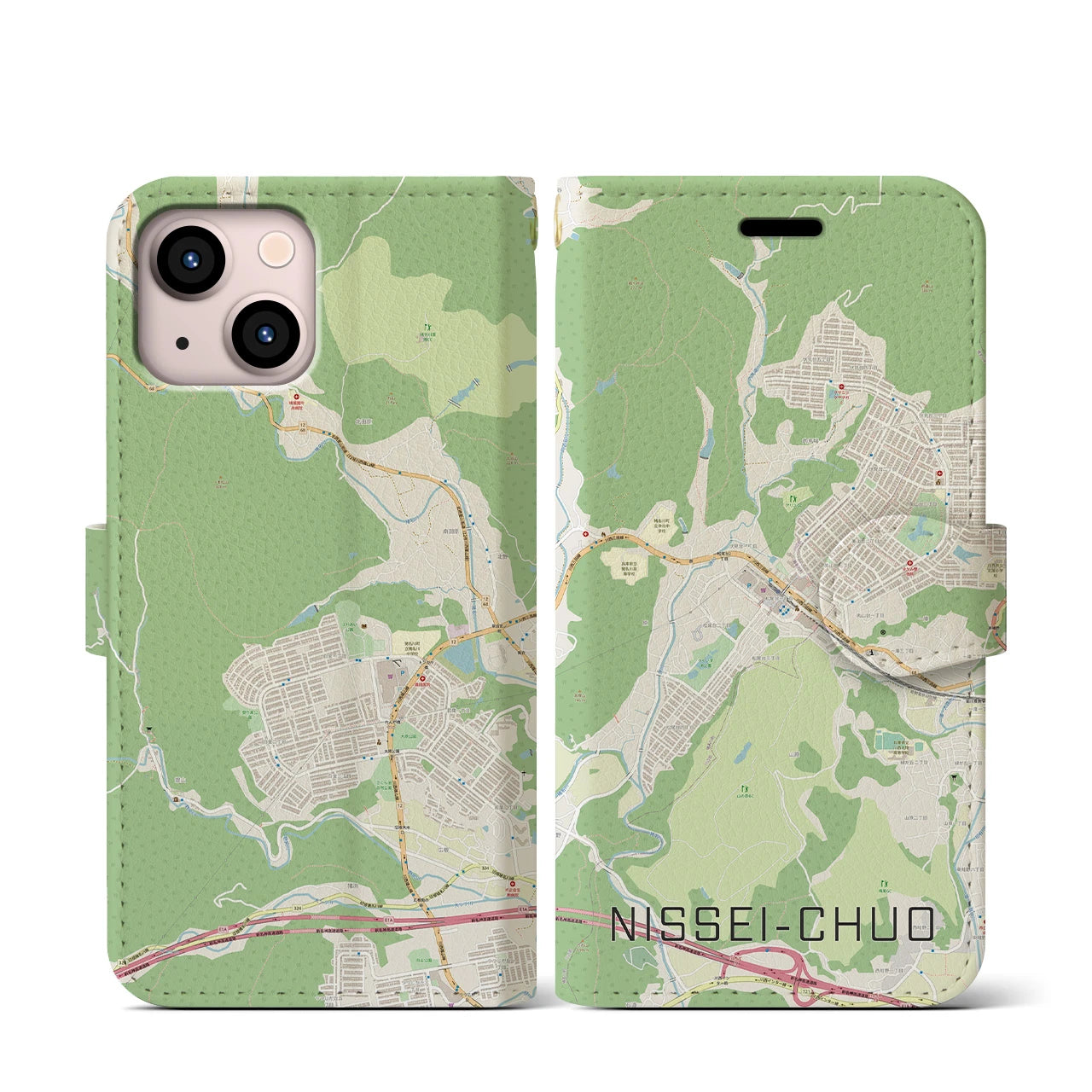 【日生中央(兵庫県)】地図柄iPhoneケース(手帳タイプ)ナチュラル・iPhone 13 mini 用