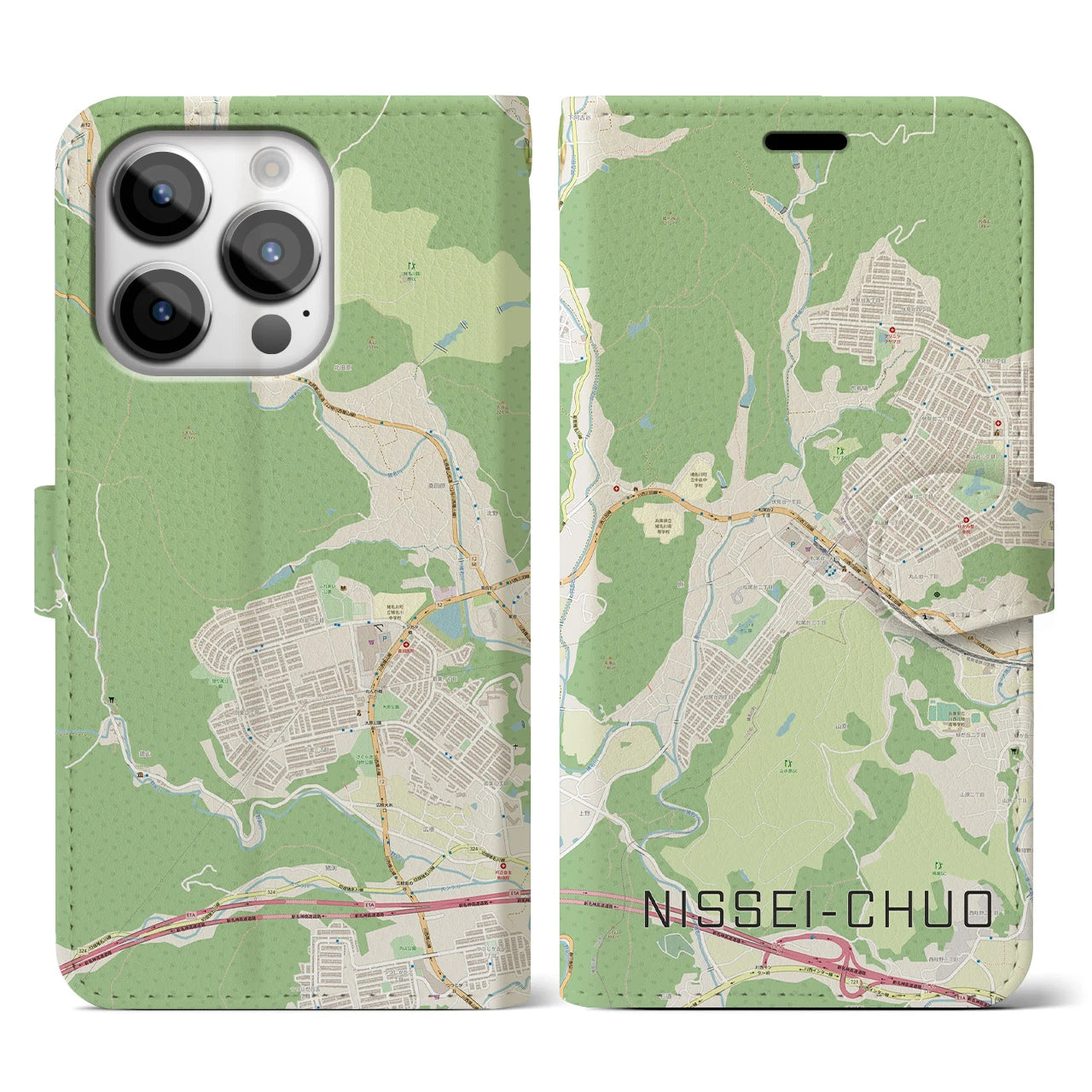 【日生中央(兵庫県)】地図柄iPhoneケース(手帳タイプ)ナチュラル・iPhone 14 Pro 用