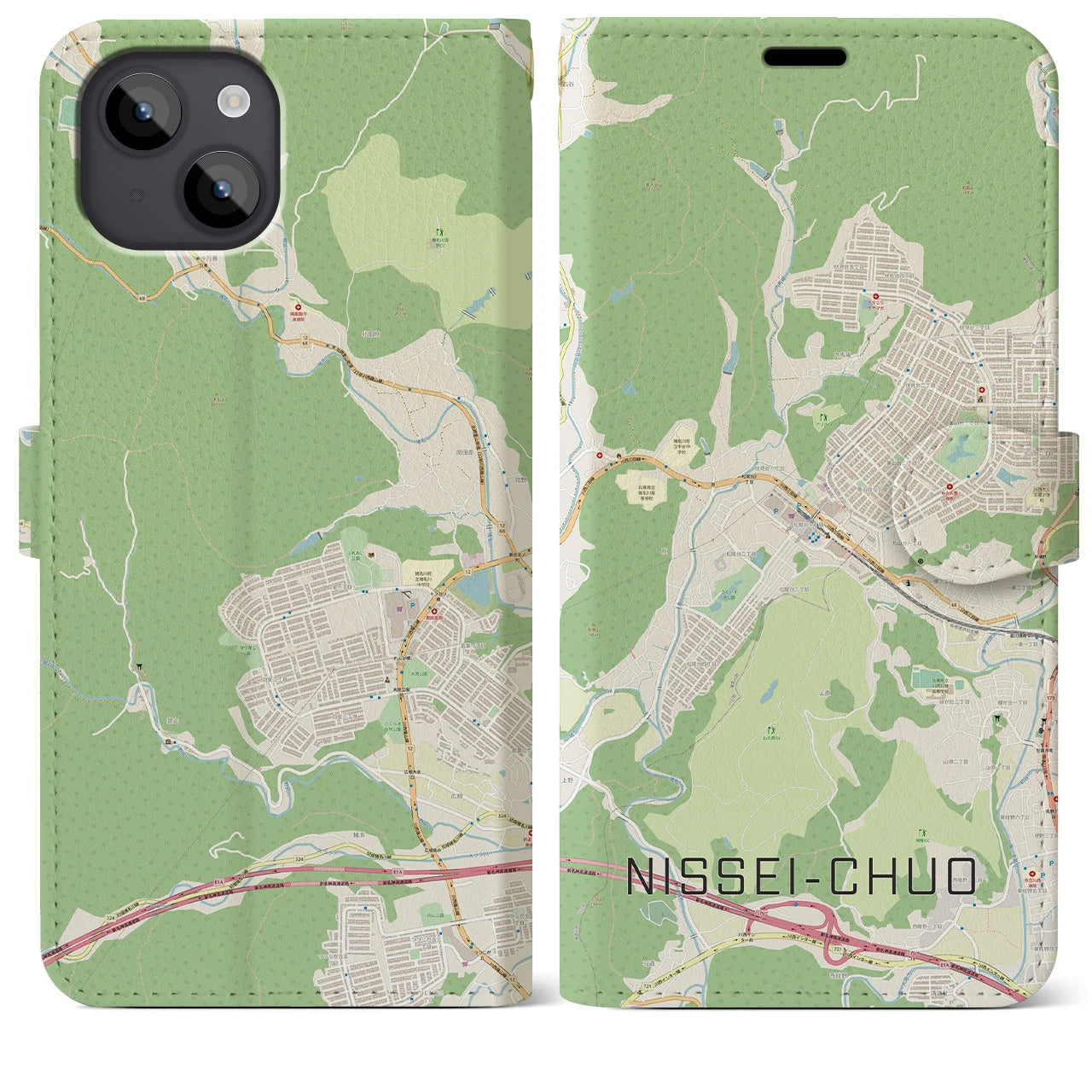 【日生中央(兵庫県)】地図柄iPhoneケース(手帳タイプ)ナチュラル・iPhone 14 Plus 用