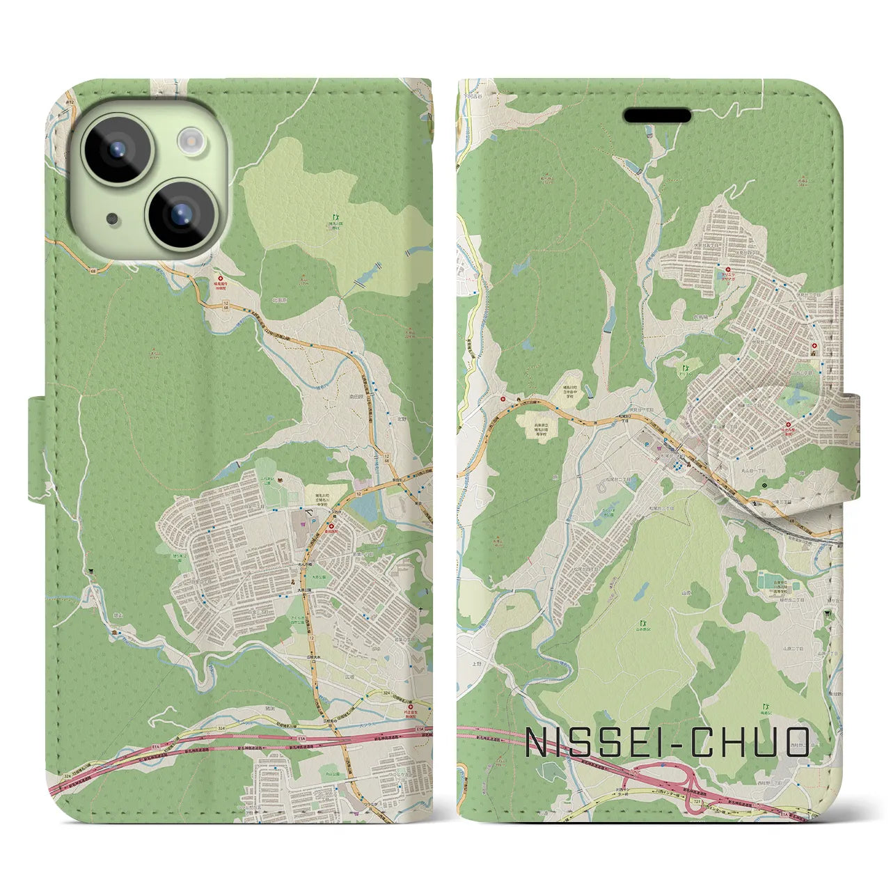 【日生中央(兵庫県)】地図柄iPhoneケース(手帳タイプ)ナチュラル・iPhone 15 用