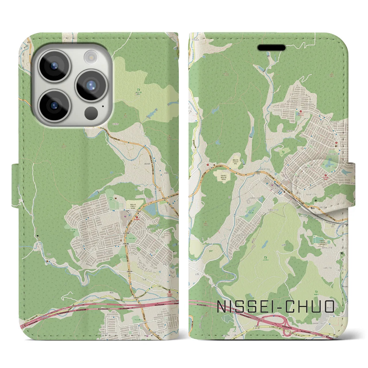 【日生中央(兵庫県)】地図柄iPhoneケース(手帳タイプ)ナチュラル・iPhone 15 Pro 用