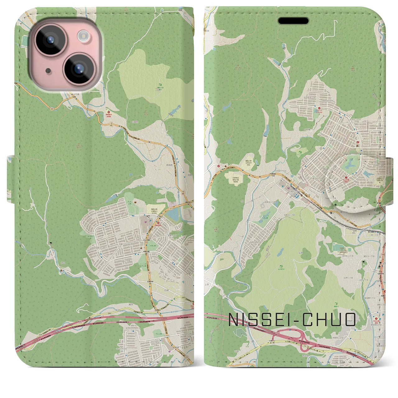 【日生中央(兵庫県)】地図柄iPhoneケース(手帳タイプ)ナチュラル・iPhone 15 Plus 用