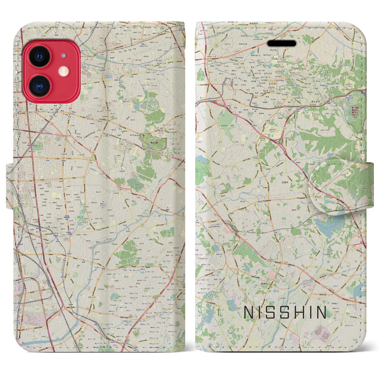 【日進(愛知県)】地図柄iPhoneケース(手帳タイプ)ナチュラル・iPhone 11 用