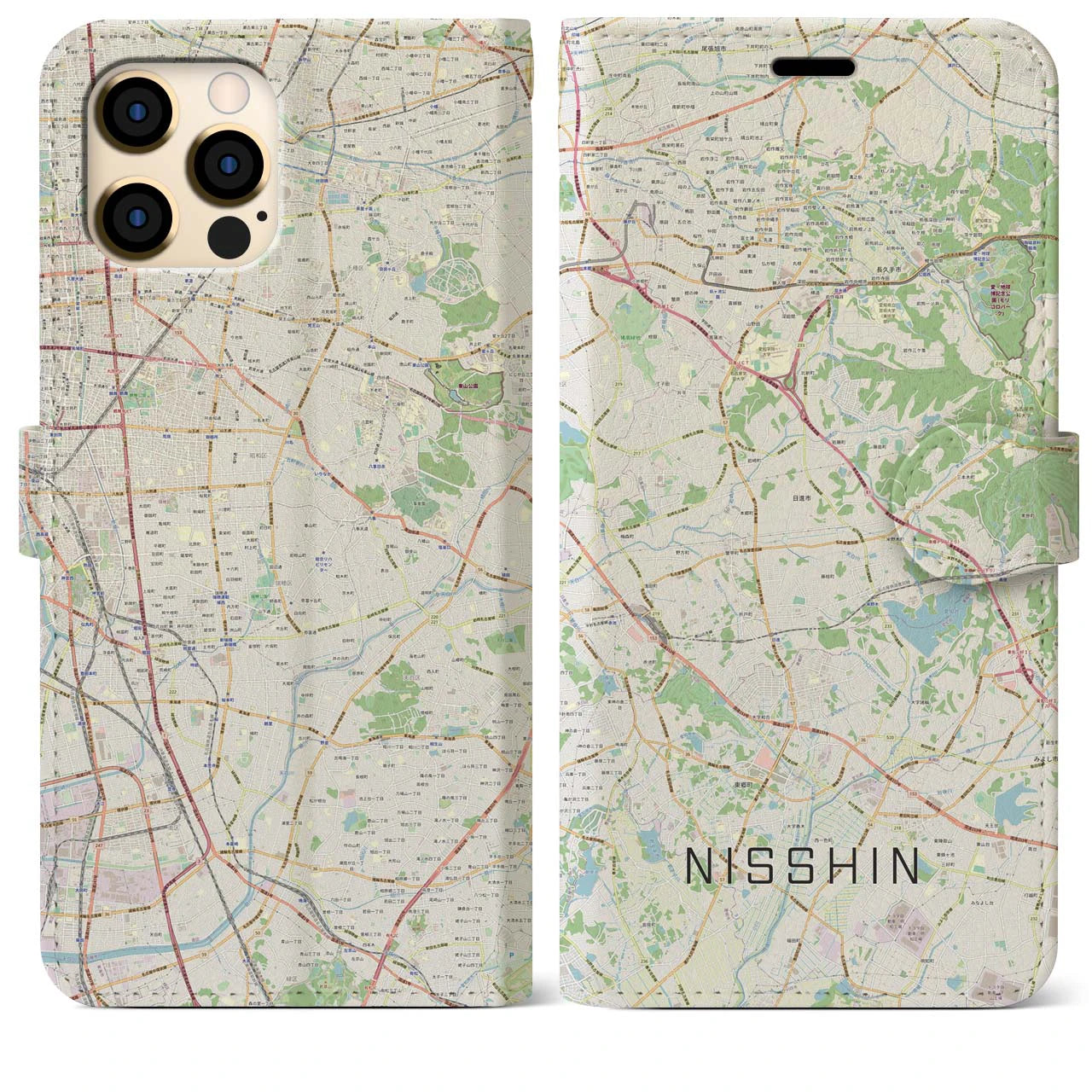 【日進(愛知県)】地図柄iPhoneケース(手帳タイプ)ナチュラル・iPhone 12 Pro Max 用