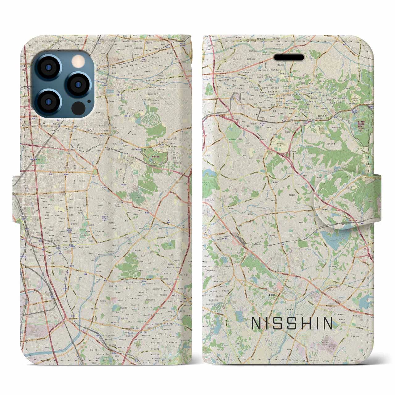 【日進(愛知県)】地図柄iPhoneケース(手帳タイプ)ナチュラル・iPhone 12 / 12 Pro 用