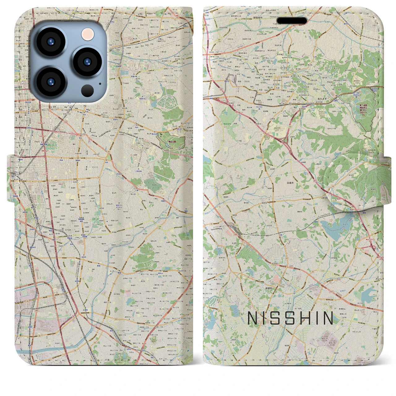 【日進(愛知県)】地図柄iPhoneケース(手帳タイプ)ナチュラル・iPhone 13 Pro Max 用