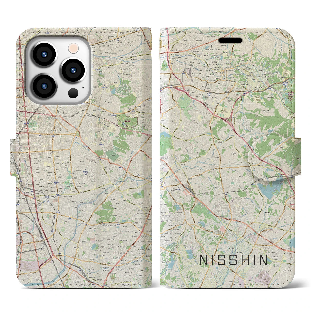 【日進(愛知県)】地図柄iPhoneケース(手帳タイプ)ナチュラル・iPhone 13 Pro 用