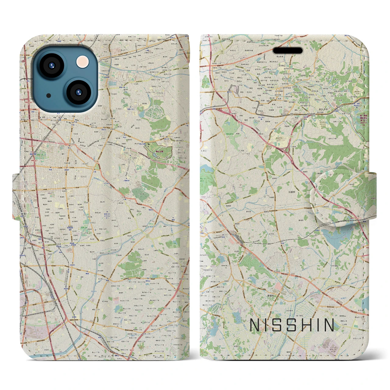 【日進(愛知県)】地図柄iPhoneケース(手帳タイプ)ナチュラル・iPhone 13 用