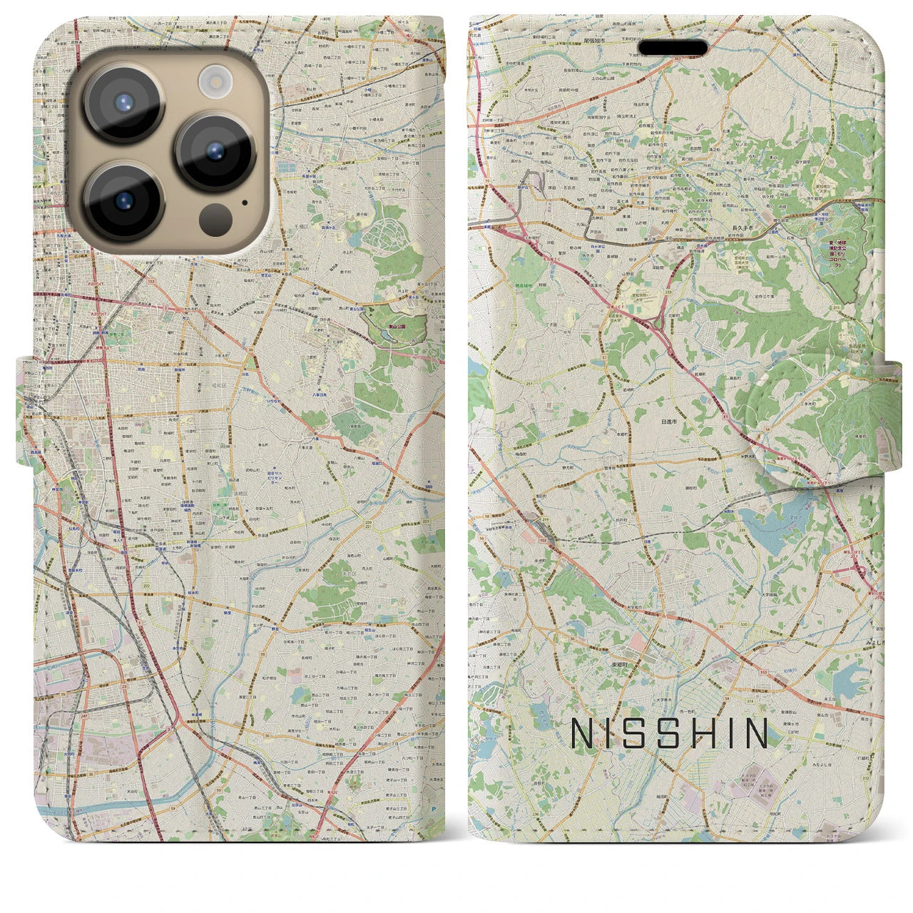 【日進(愛知県)】地図柄iPhoneケース(手帳タイプ)ナチュラル・iPhone 14 Pro Max 用