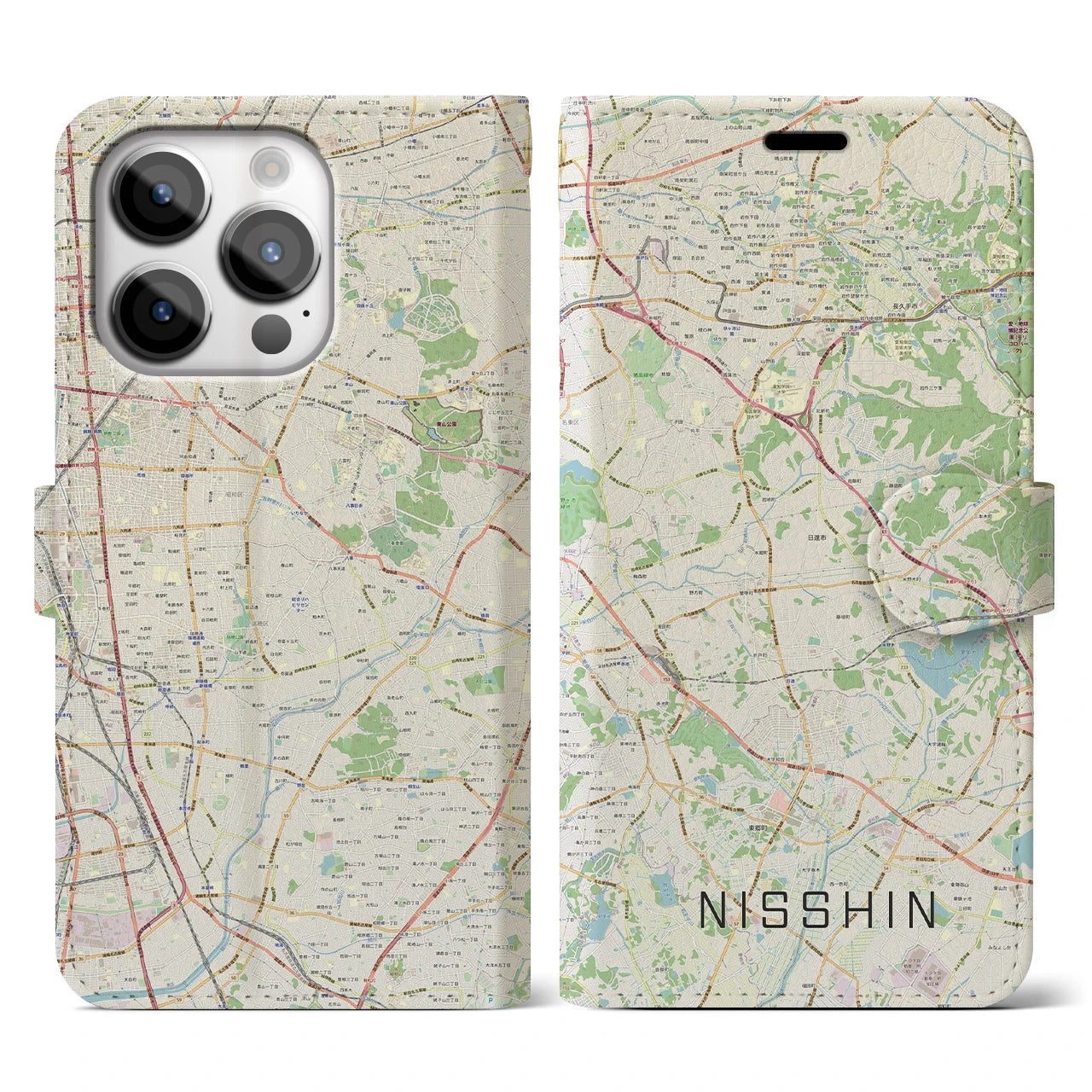 【日進(愛知県)】地図柄iPhoneケース(手帳タイプ)ナチュラル・iPhone 14 Pro 用