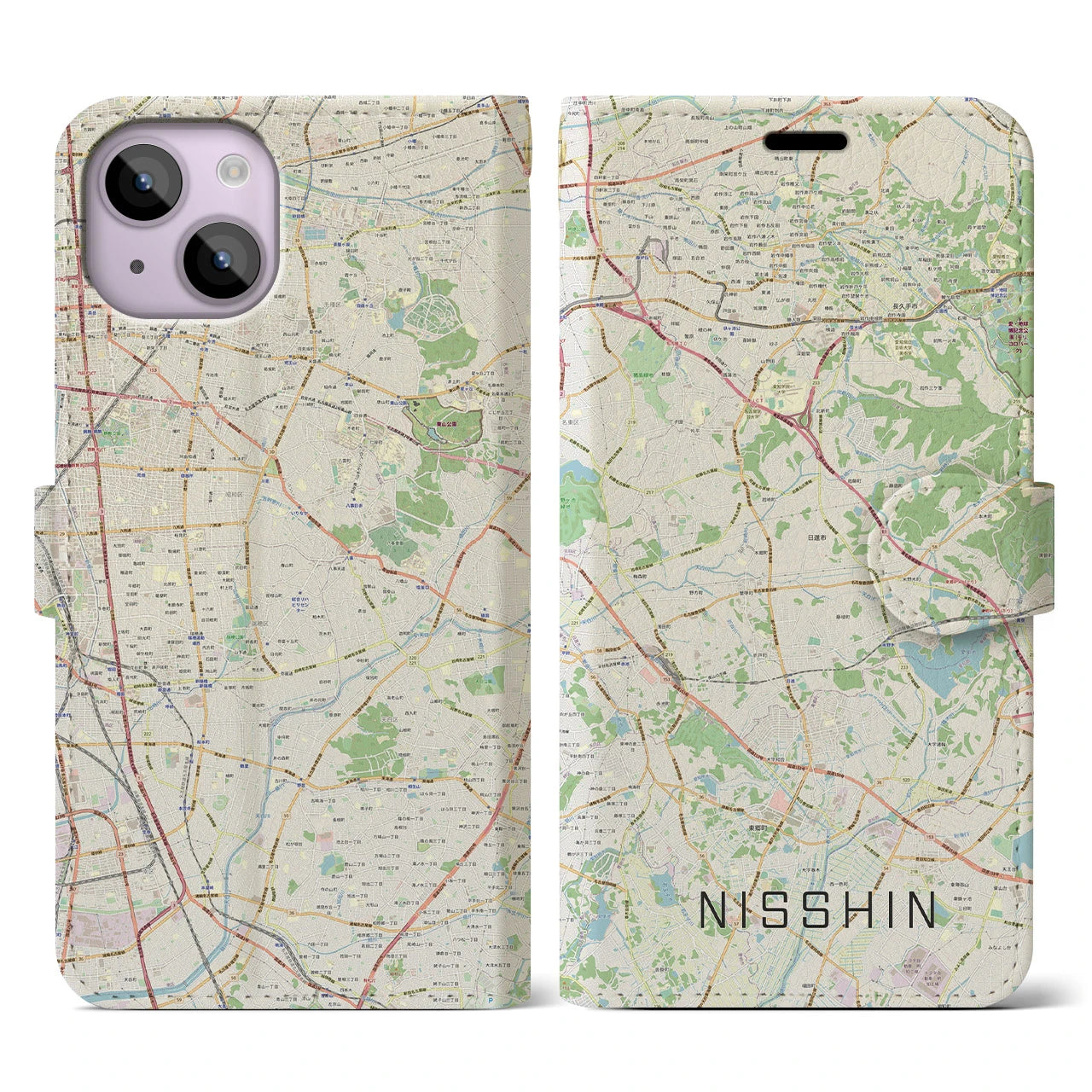 【日進(愛知県)】地図柄iPhoneケース(手帳タイプ)ナチュラル・iPhone 14 用