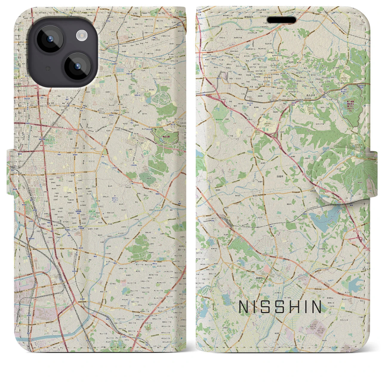 【日進(愛知県)】地図柄iPhoneケース(手帳タイプ)ナチュラル・iPhone 14 Plus 用