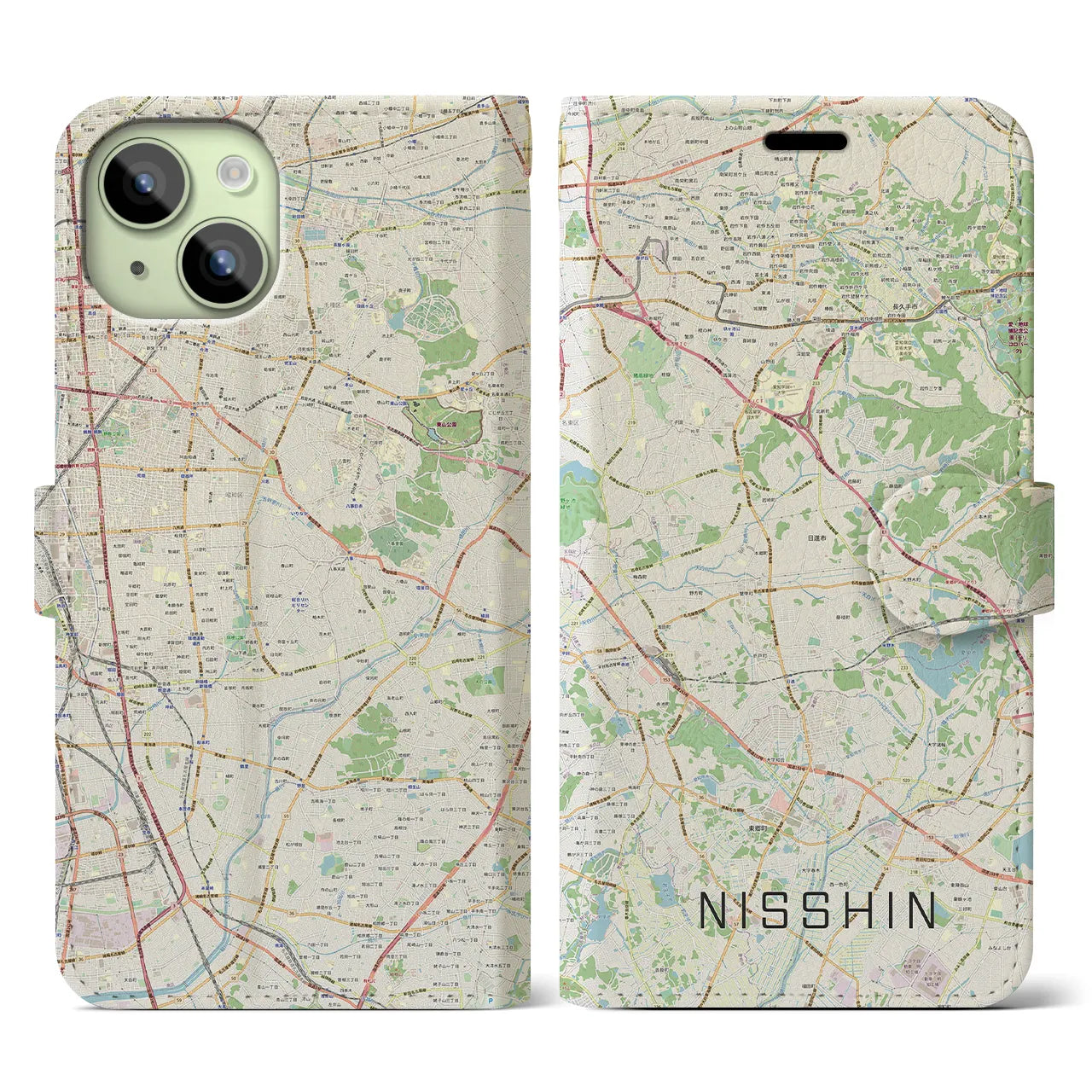 【日進(愛知県)】地図柄iPhoneケース(手帳タイプ)ナチュラル・iPhone 15 用
