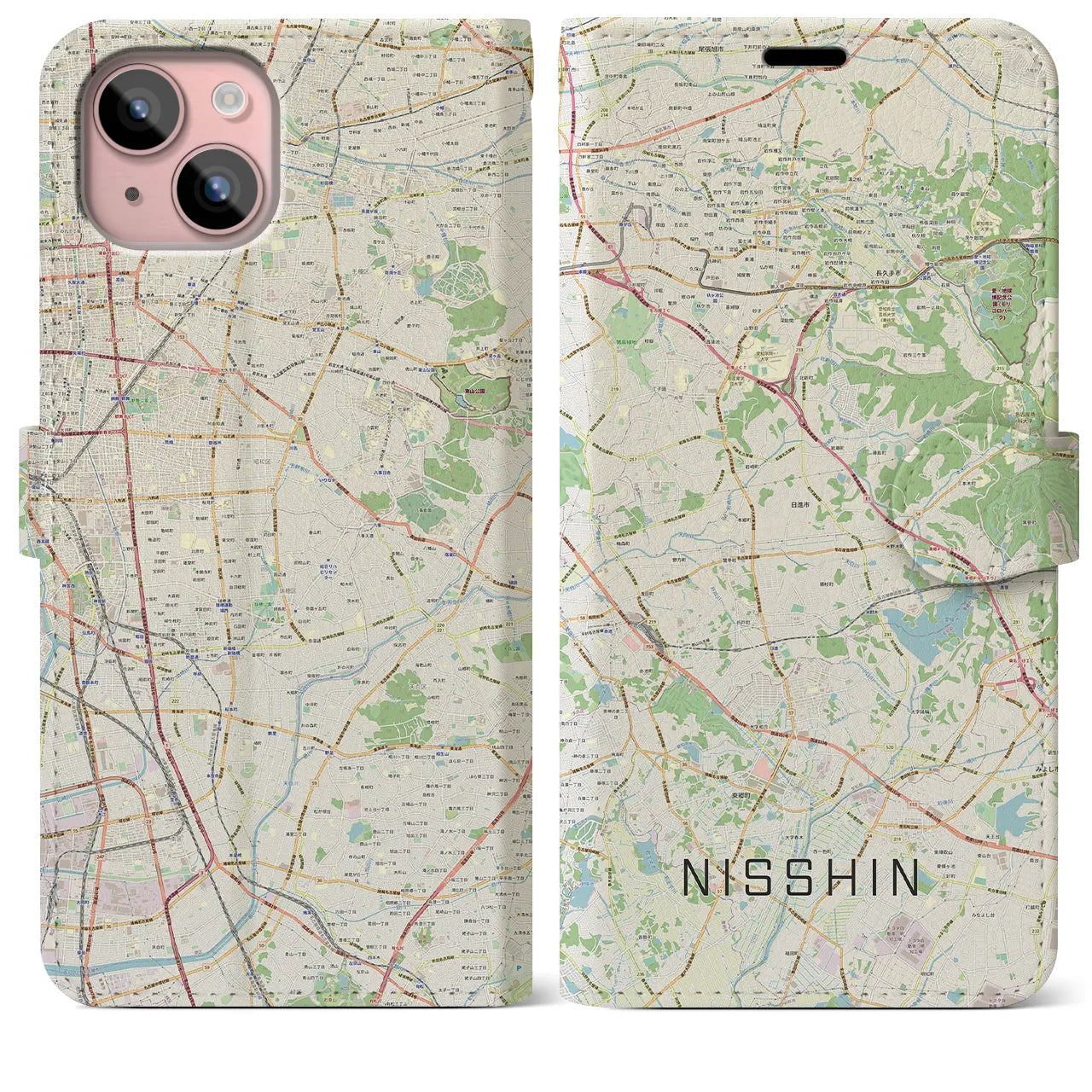 【日進(愛知県)】地図柄iPhoneケース(手帳タイプ)ナチュラル・iPhone 15 Plus 用