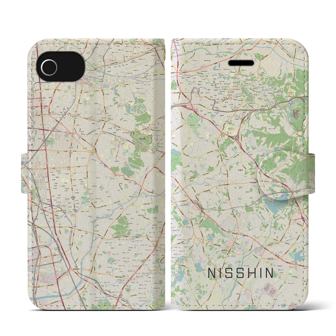 【日進(愛知県)】地図柄iPhoneケース(手帳タイプ)ナチュラル・iPhone SE(第3 / 第2世代) / 8 / 7 / 6s / 6 用