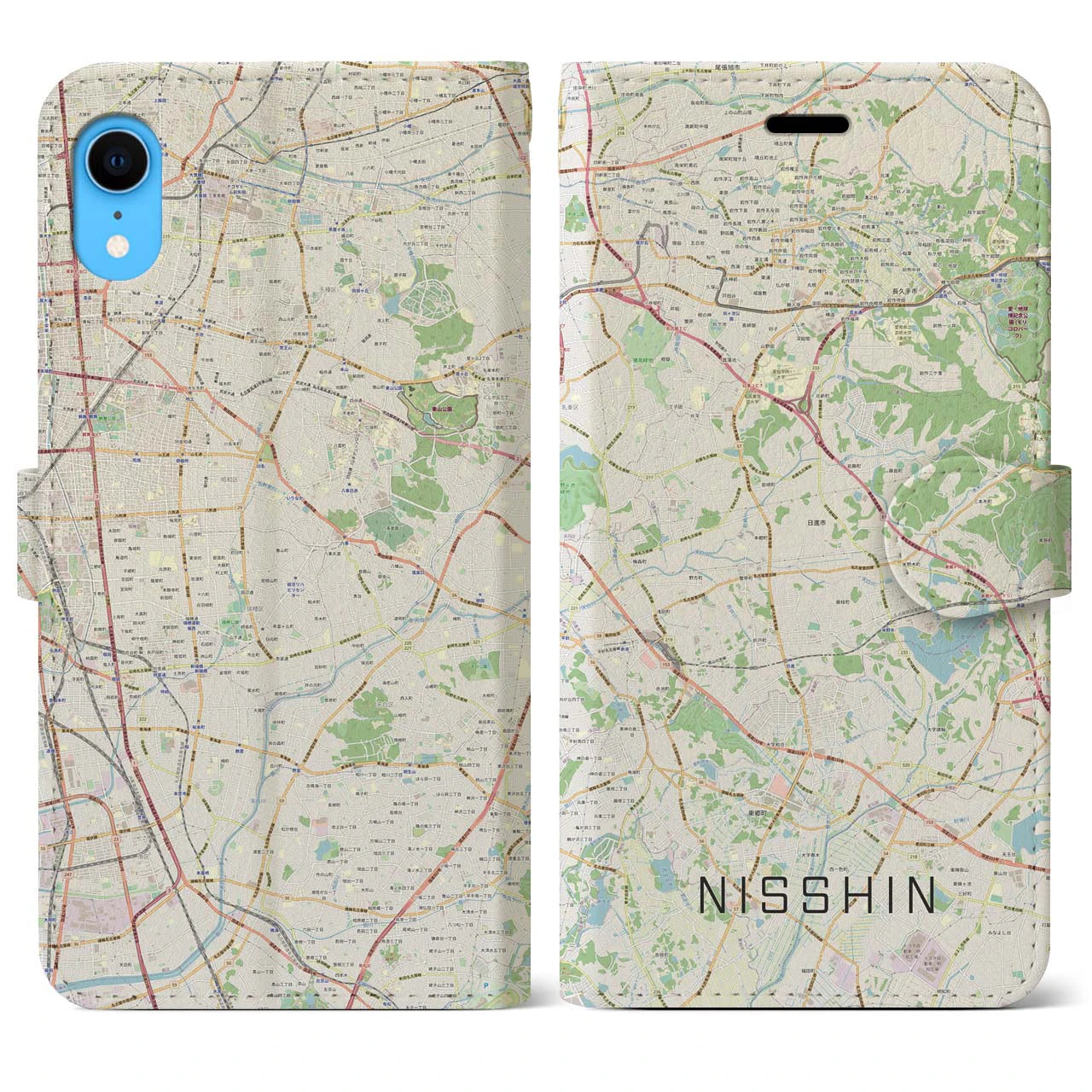 【日進(愛知県)】地図柄iPhoneケース(手帳タイプ)ナチュラル・iPhone XR 用