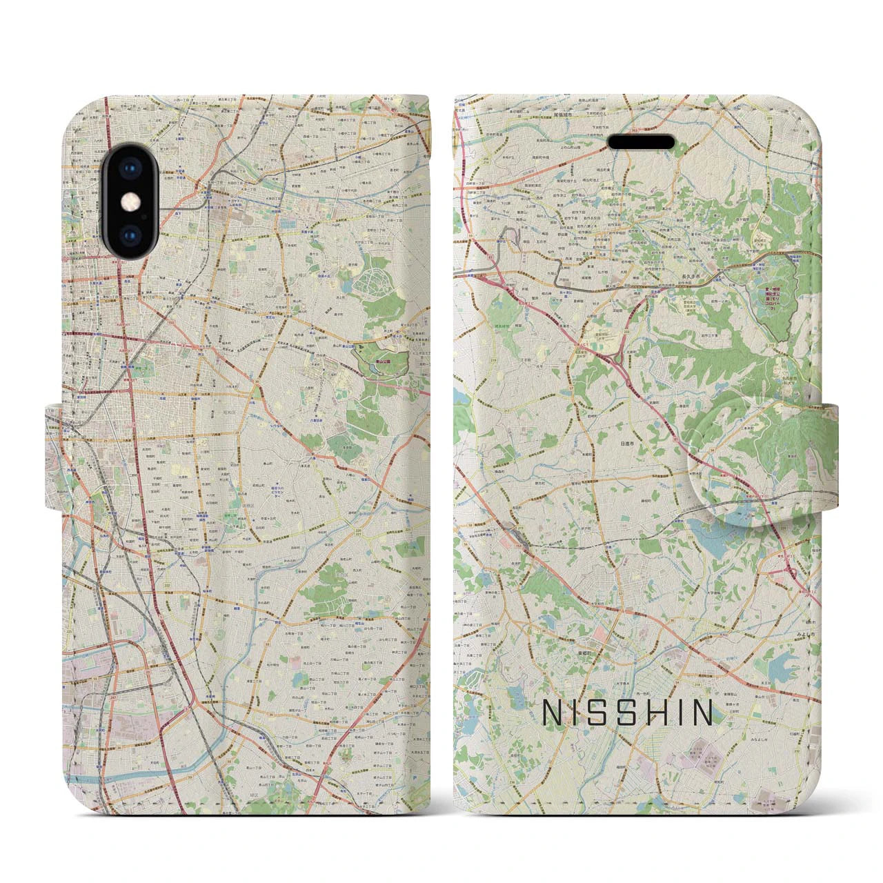 【日進(愛知県)】地図柄iPhoneケース(手帳タイプ)ナチュラル・iPhone XS / X 用