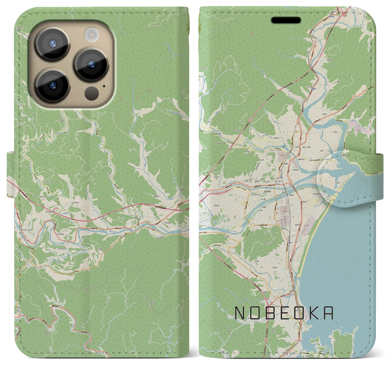 【延岡(宮崎県)】地図柄iPhoneケース(手帳タイプ)ナチュラル・iPhone 14 Pro Max 用