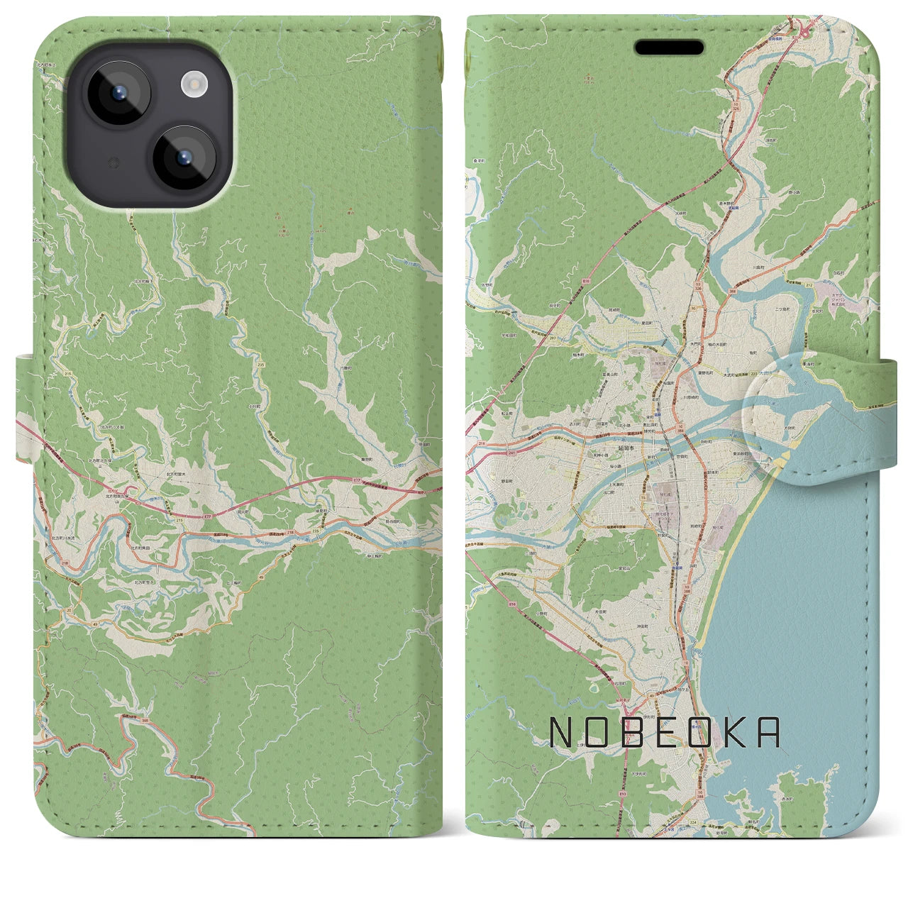 【延岡(宮崎県)】地図柄iPhoneケース(手帳タイプ)ナチュラル・iPhone 14 Plus 用
