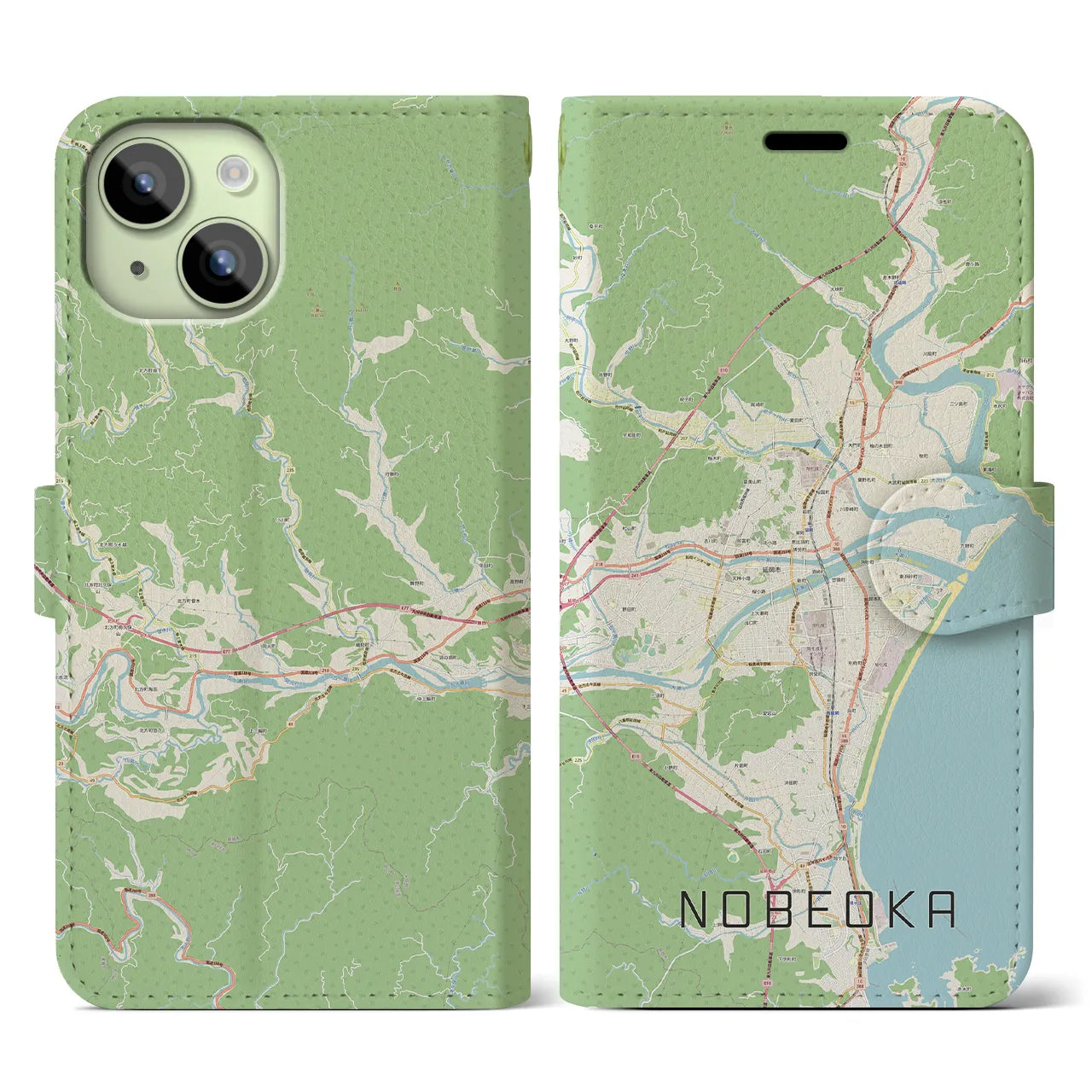 【延岡(宮崎県)】地図柄iPhoneケース(手帳タイプ)ナチュラル・iPhone 15 用
