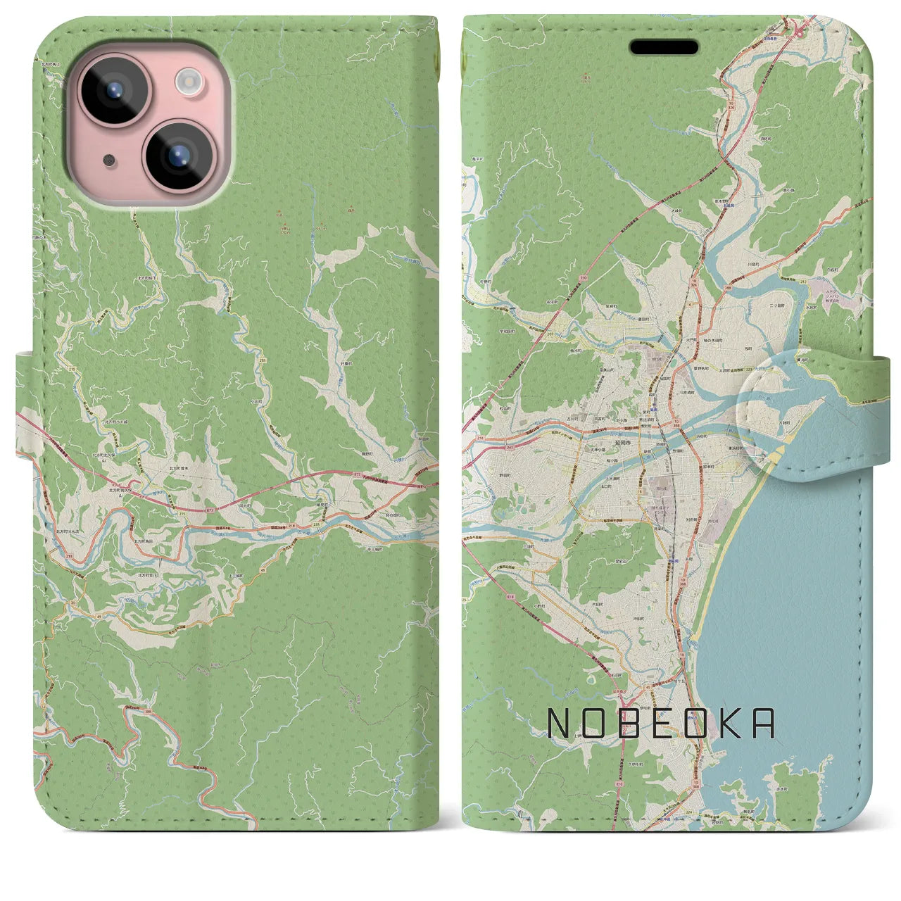 【延岡(宮崎県)】地図柄iPhoneケース(手帳タイプ)ナチュラル・iPhone 15 Plus 用