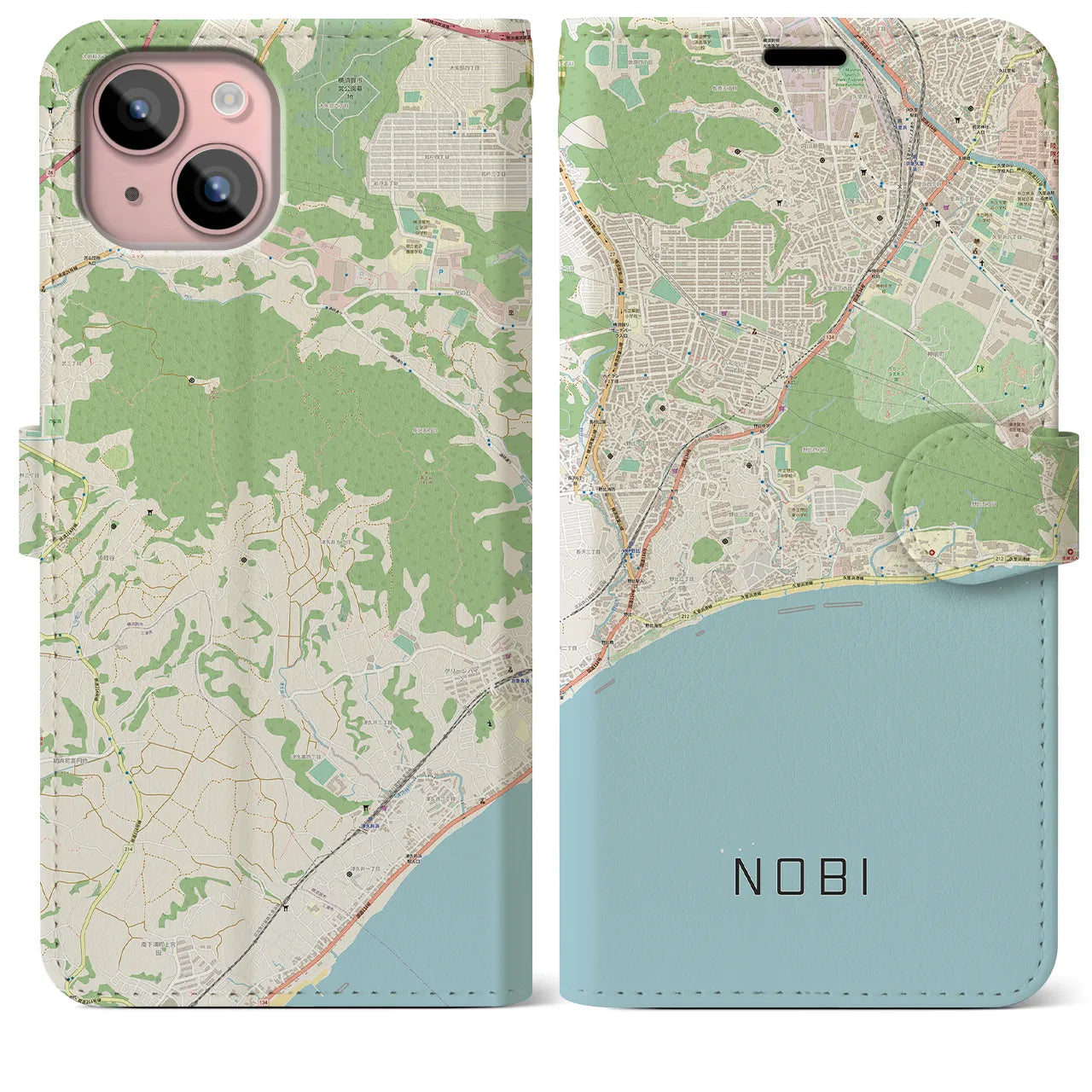 【野比(神奈川県)】地図柄iPhoneケース(手帳タイプ)ナチュラル・iPhone 15 Plus 用