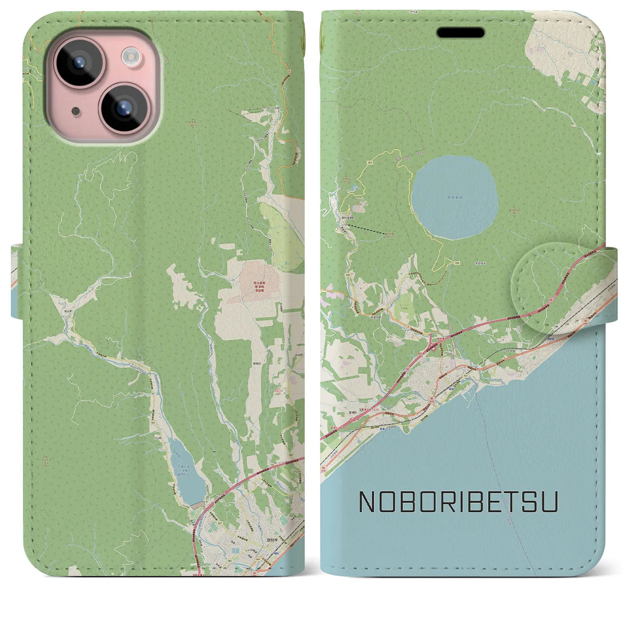 【登別(北海道)】地図柄iPhoneケース(手帳タイプ)ナチュラル・iPhone 15 Plus 用