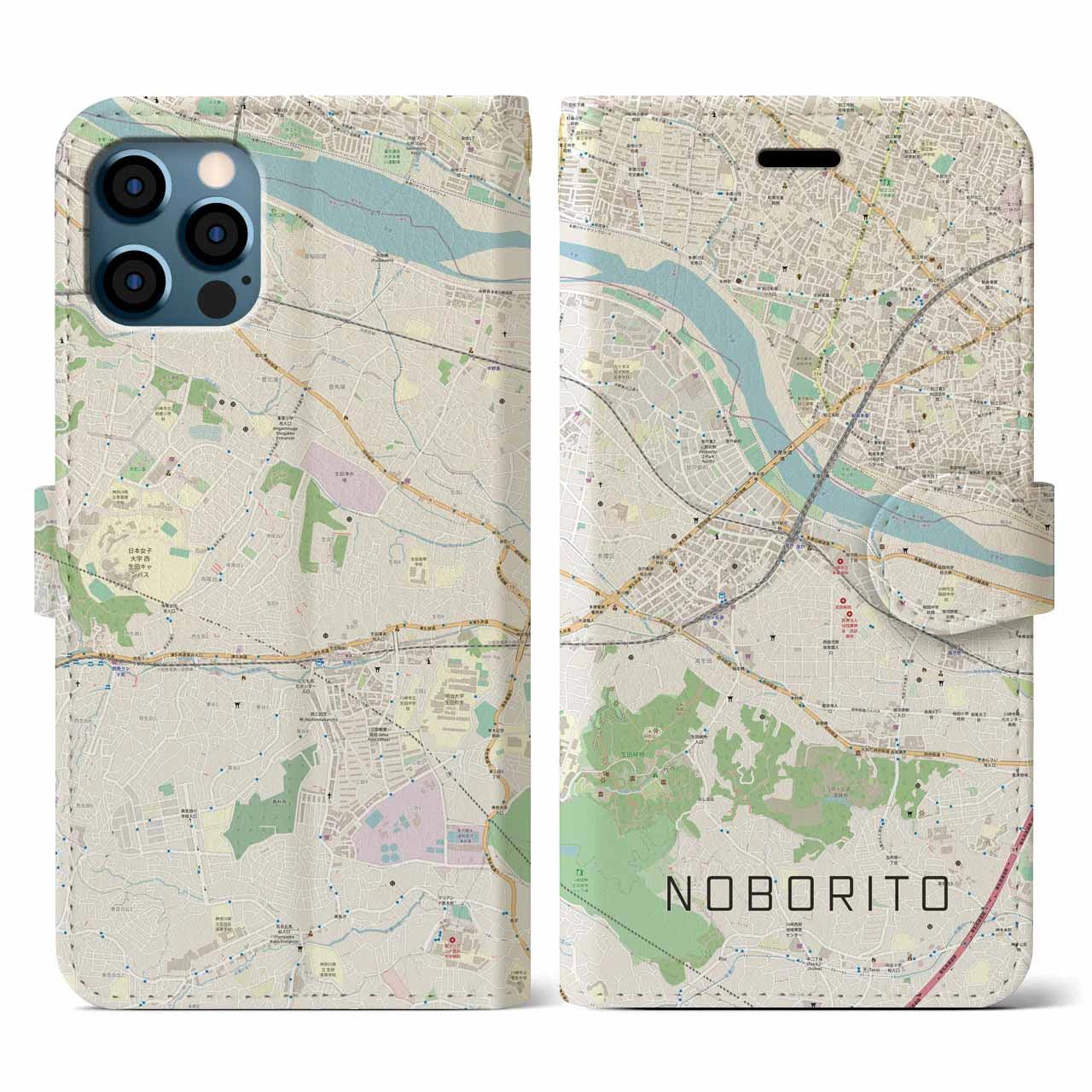 【登戸(神奈川県)】地図柄iPhoneケース(手帳タイプ)ナチュラル・iPhone 12 / 12 Pro 用