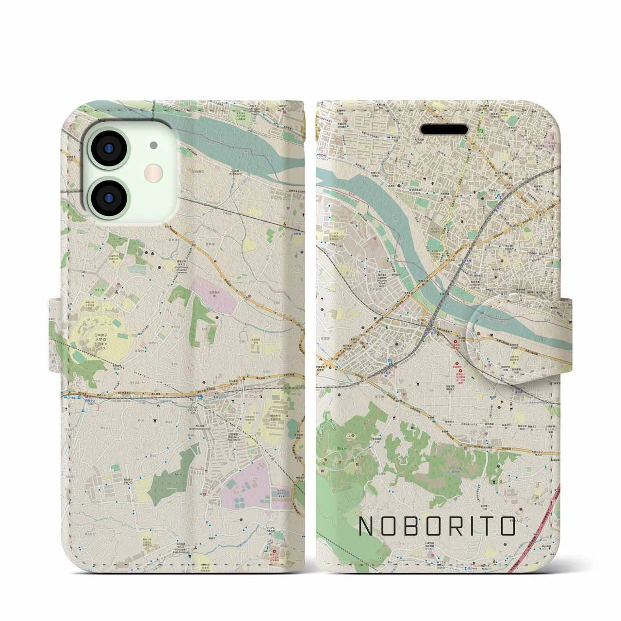 【登戸(神奈川県)】地図柄iPhoneケース(手帳タイプ)ナチュラル・iPhone 12 mini 用