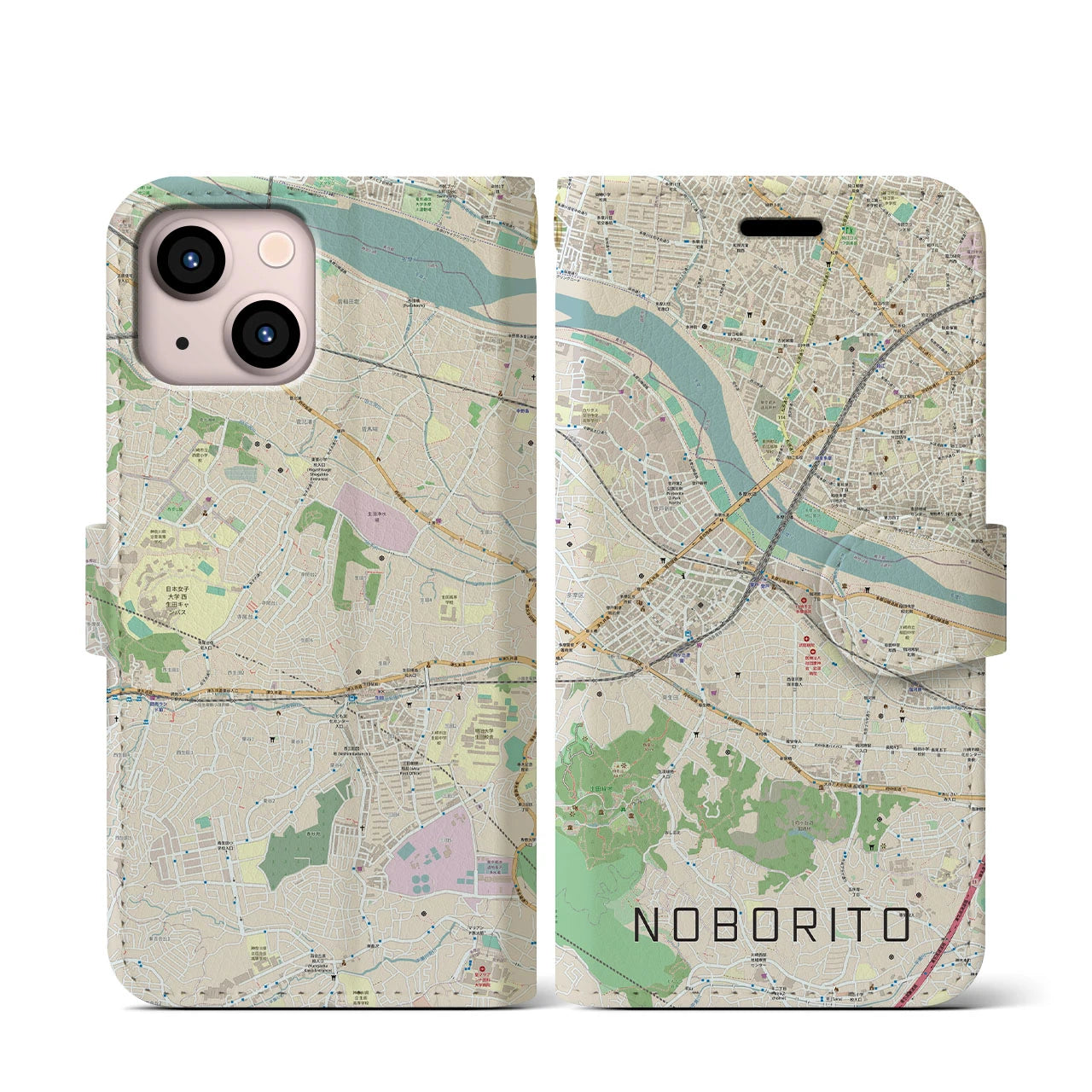【登戸(神奈川県)】地図柄iPhoneケース(手帳タイプ)ナチュラル・iPhone 13 mini 用
