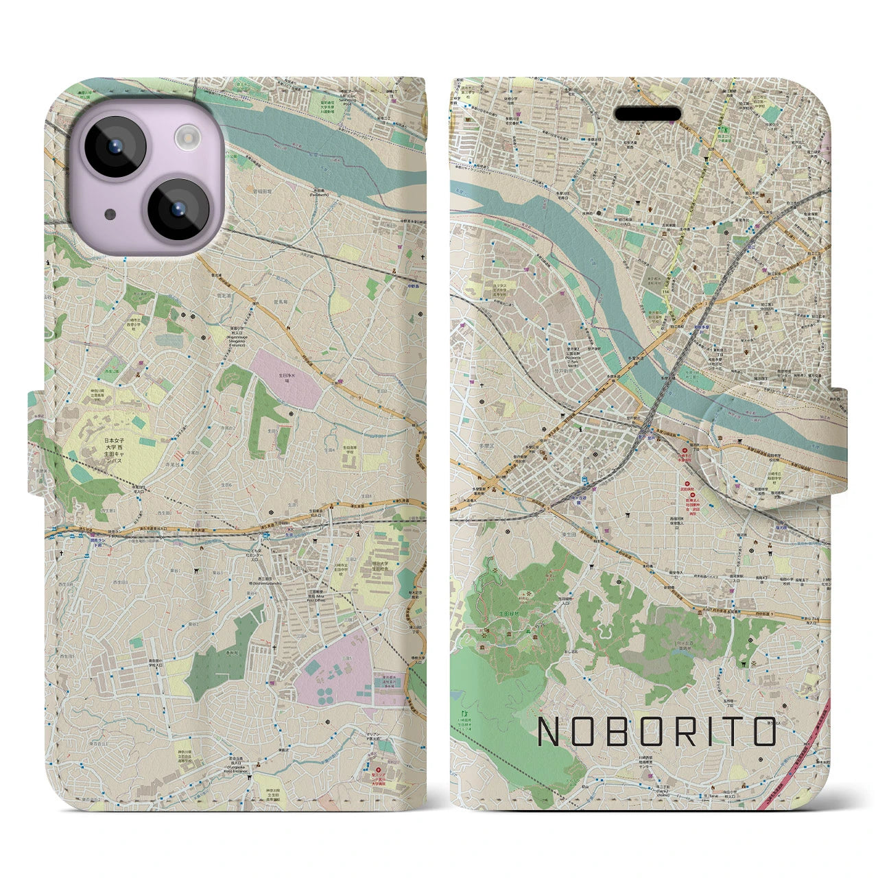 【登戸(神奈川県)】地図柄iPhoneケース(手帳タイプ)ナチュラル・iPhone 14 用