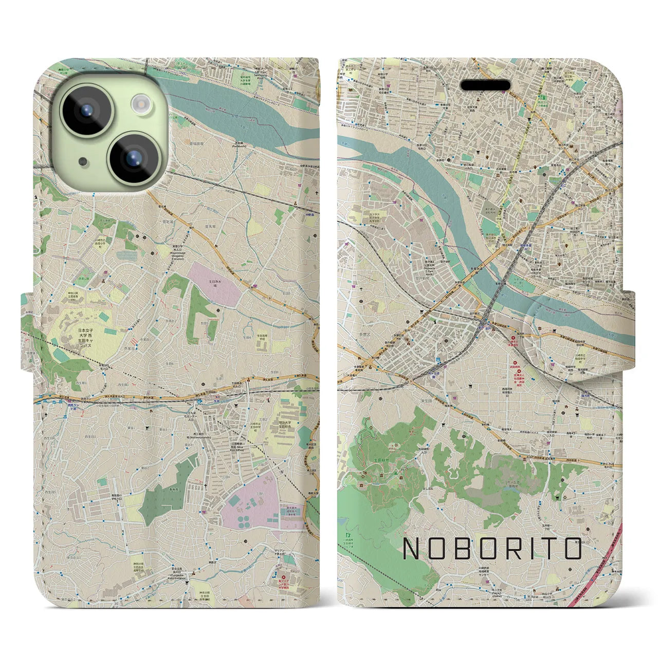 【登戸(神奈川県)】地図柄iPhoneケース(手帳タイプ)ナチュラル・iPhone 15 用