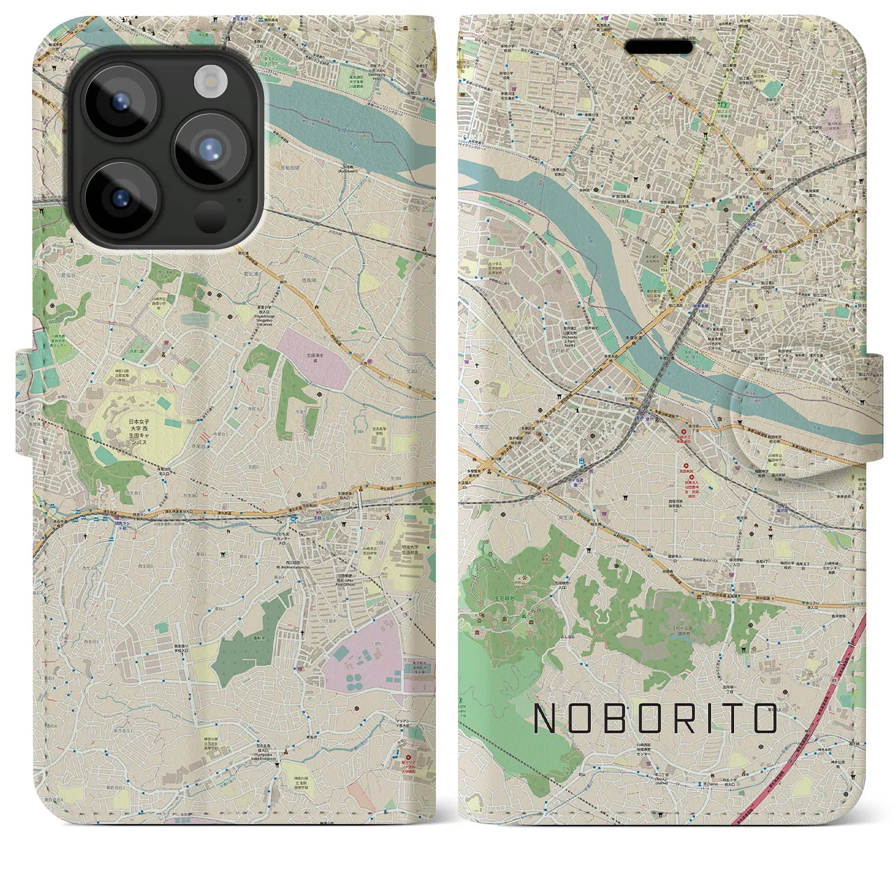 【登戸(神奈川県)】地図柄iPhoneケース(手帳タイプ)ナチュラル・iPhone 15 Pro Max 用