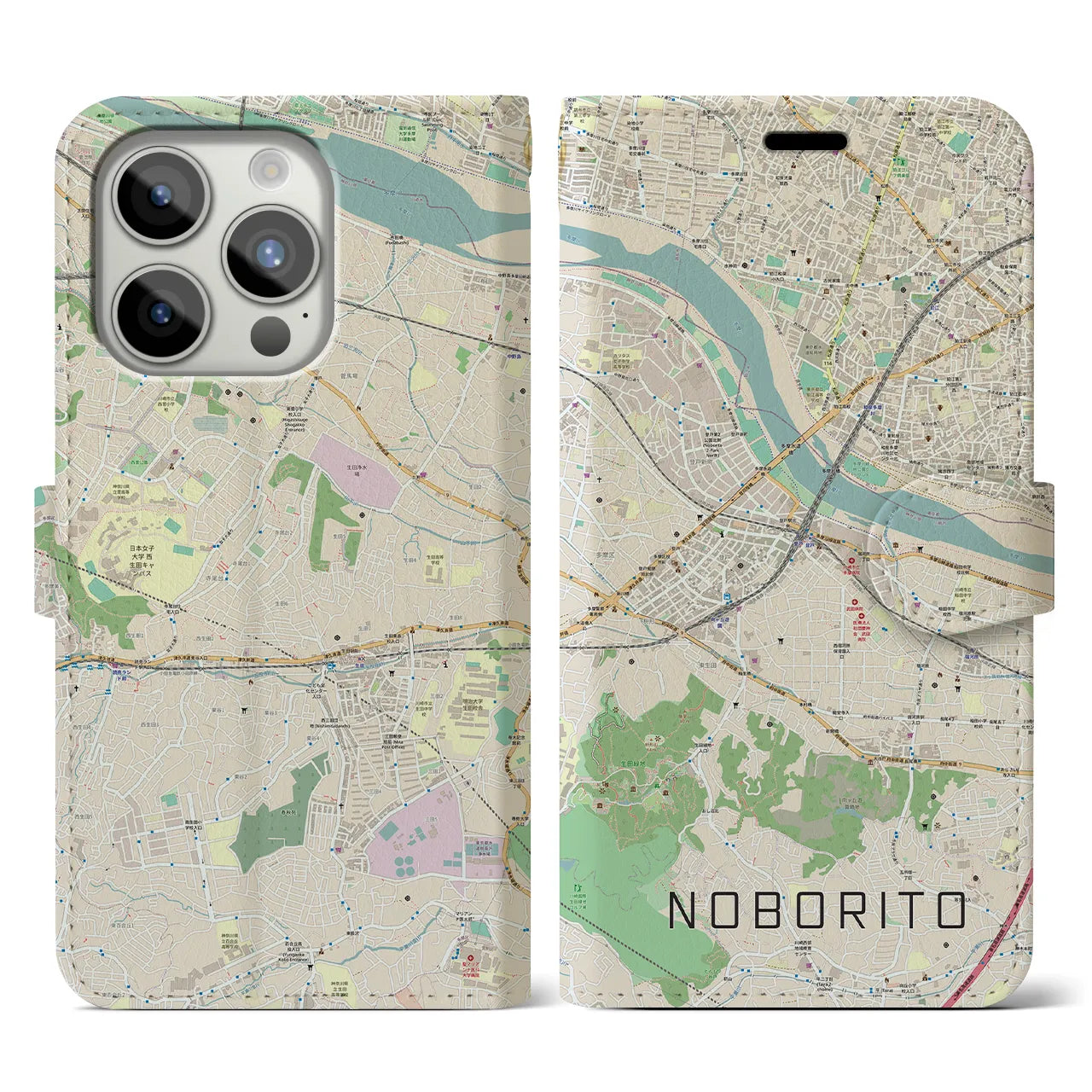 【登戸(神奈川県)】地図柄iPhoneケース(手帳タイプ)ナチュラル・iPhone 15 Pro 用