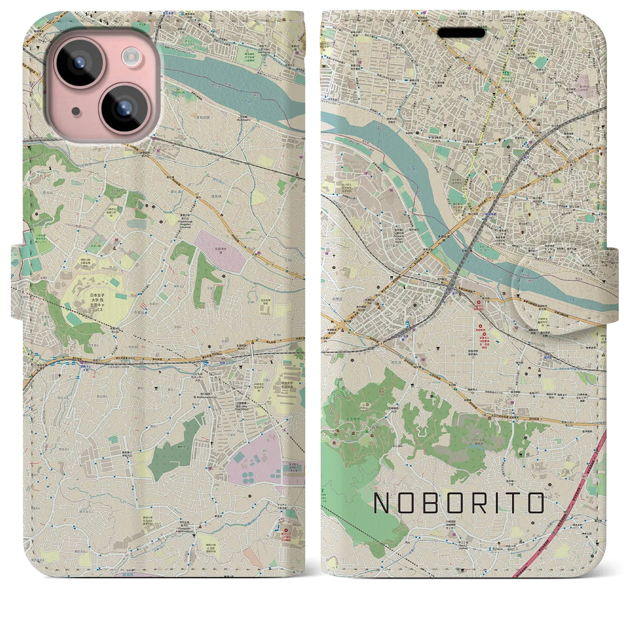 【登戸(神奈川県)】地図柄iPhoneケース(手帳タイプ)ナチュラル・iPhone 15 Plus 用