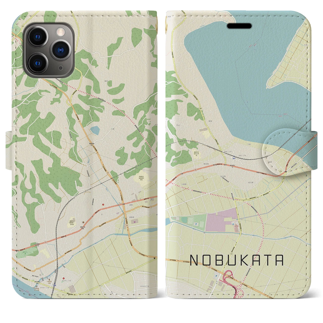 【延方(茨城県)】地図柄iPhoneケース(手帳タイプ)ナチュラル・iPhone 11 Pro Max 用