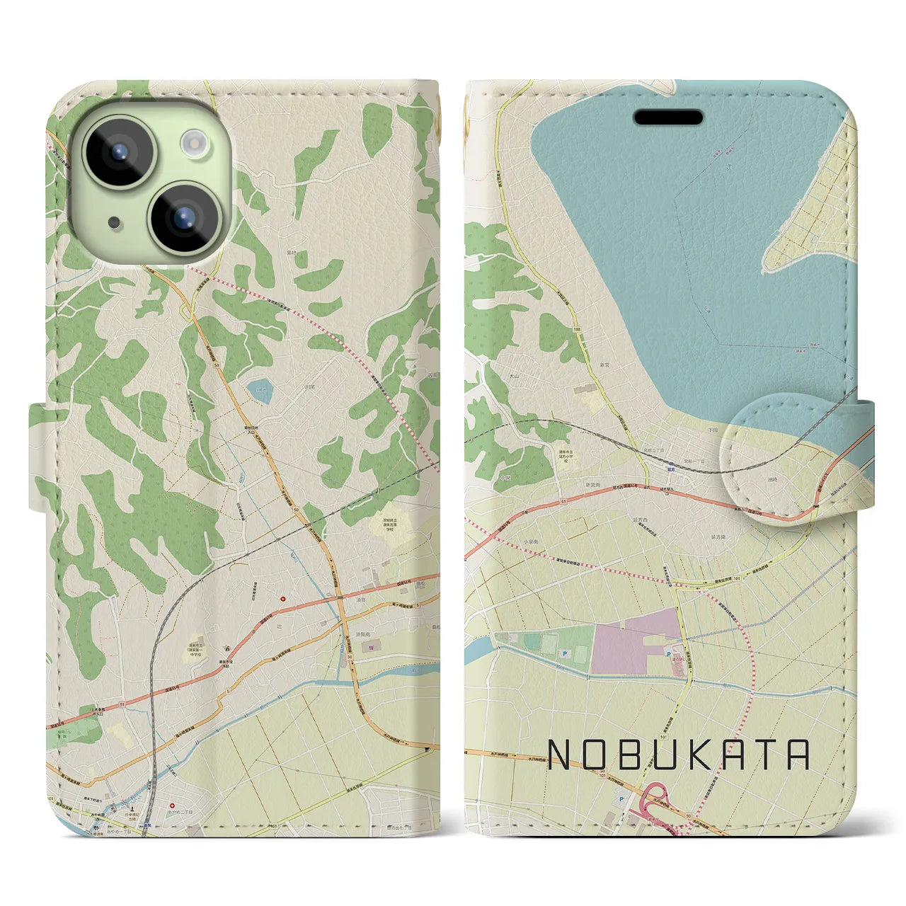 【延方(茨城県)】地図柄iPhoneケース(手帳タイプ)ナチュラル・iPhone 15 用