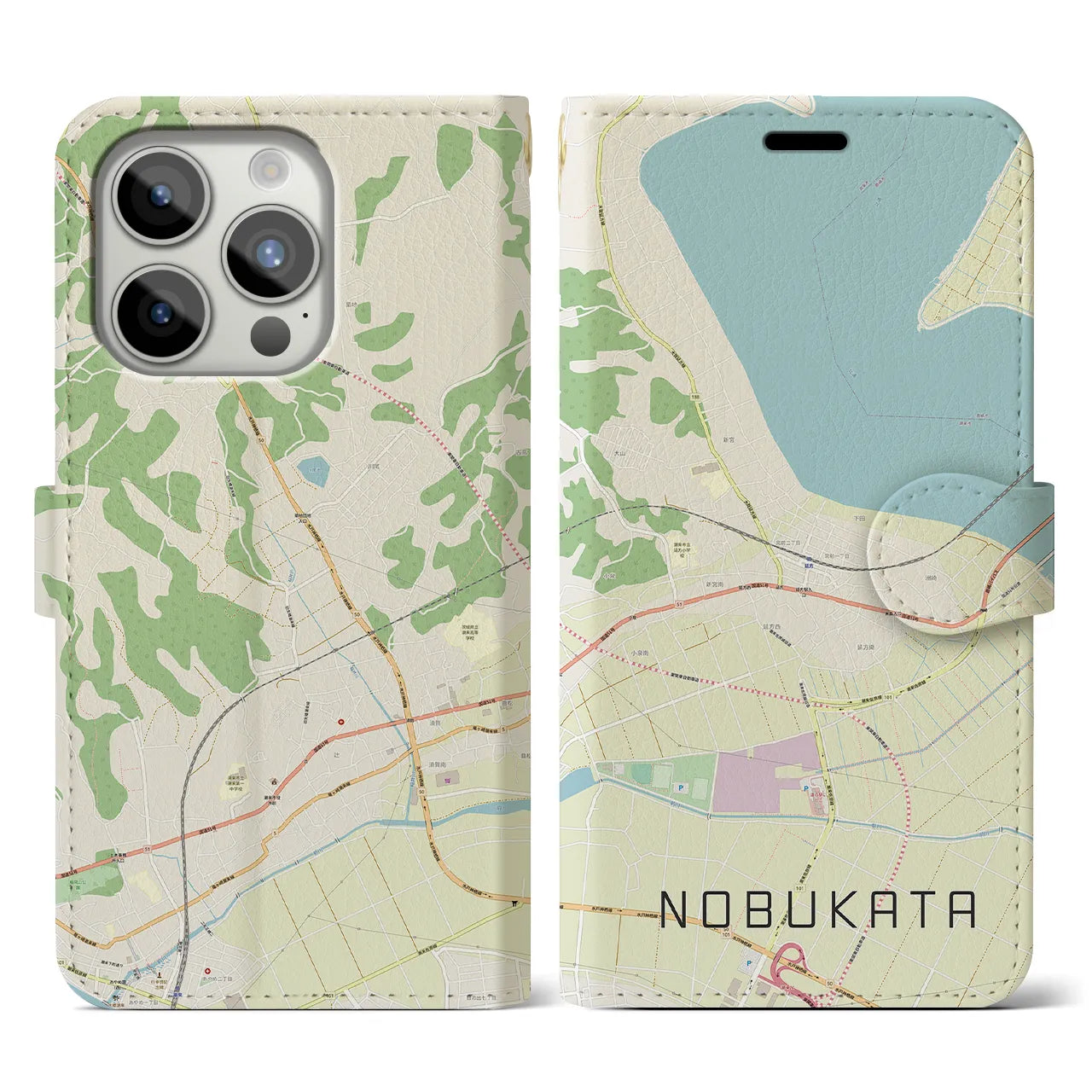 【延方(茨城県)】地図柄iPhoneケース(手帳タイプ)ナチュラル・iPhone 15 Pro 用