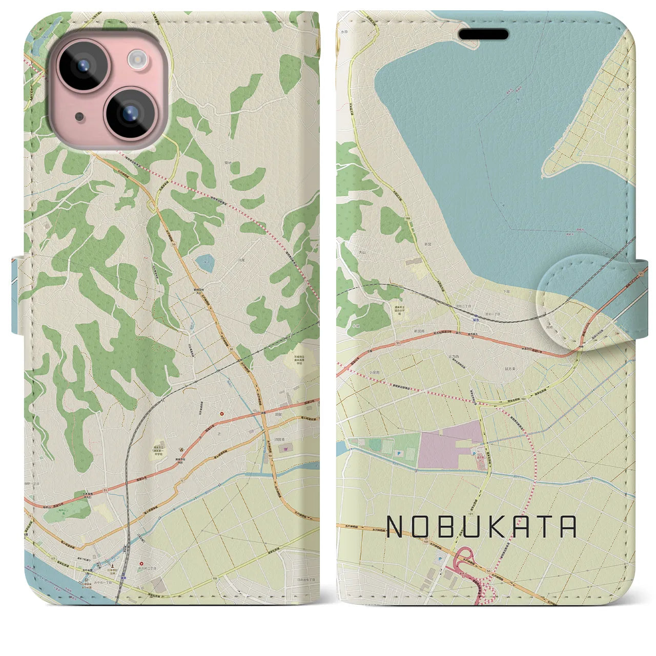 【延方(茨城県)】地図柄iPhoneケース(手帳タイプ)ナチュラル・iPhone 15 Plus 用