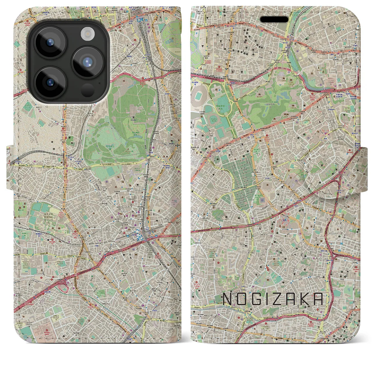 【乃木坂(東京都)】地図柄iPhoneケース(手帳タイプ)ナチュラル・iPhone 15 Pro Max 用