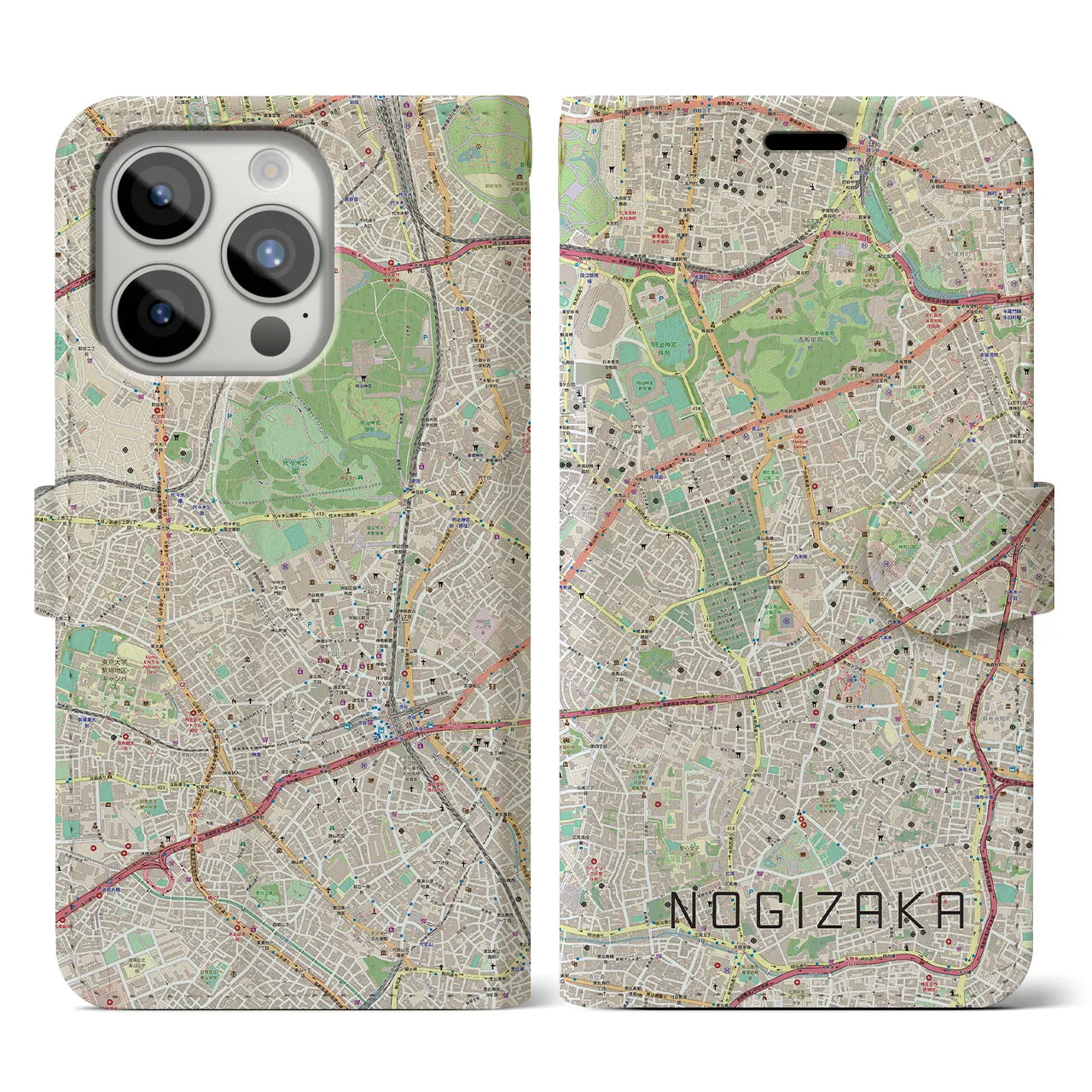 【乃木坂(東京都)】地図柄iPhoneケース(手帳タイプ)ナチュラル・iPhone 15 Pro 用