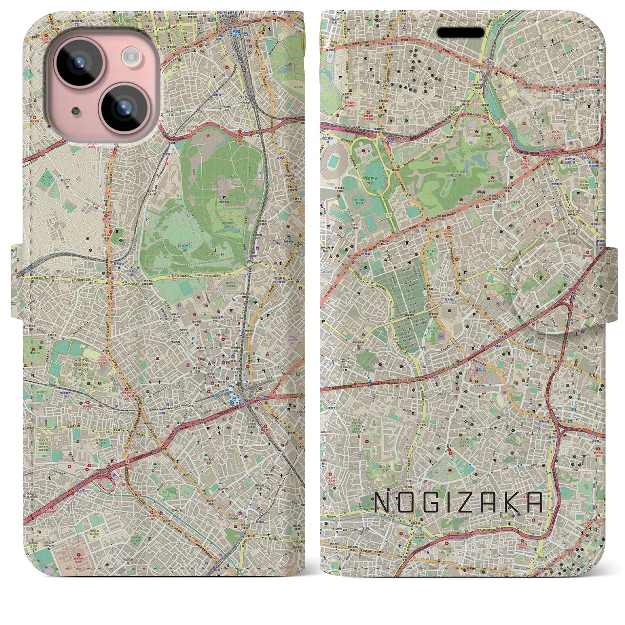 【乃木坂(東京都)】地図柄iPhoneケース(手帳タイプ)ナチュラル・iPhone 15 Plus 用