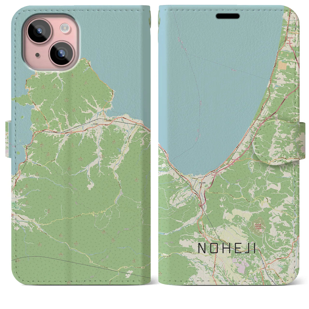 【野辺地(青森県)】地図柄iPhoneケース(手帳タイプ)ナチュラル・iPhone 15 Plus 用
