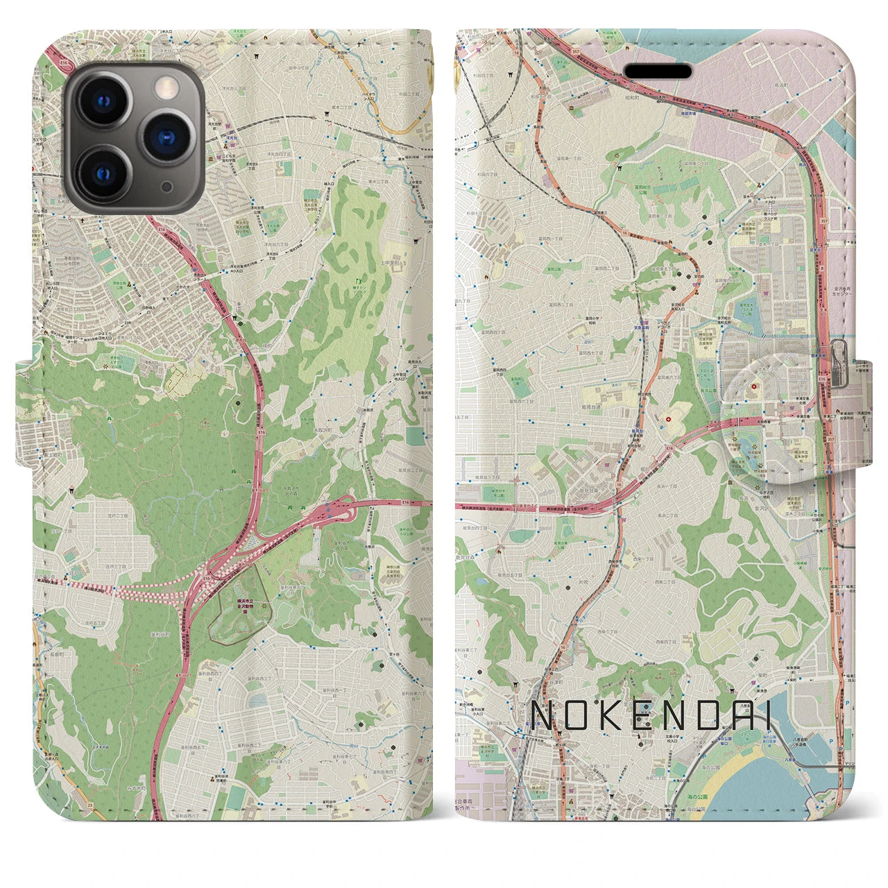【能見台(神奈川県)】地図柄iPhoneケース(手帳タイプ)ナチュラル・iPhone 11 Pro Max 用